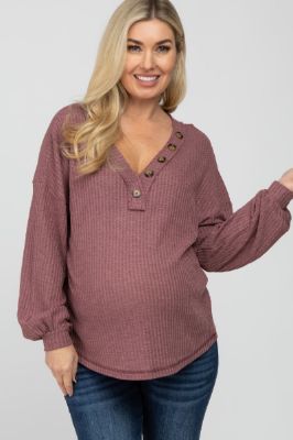 Dark Mauve Waffle Knit Button Accent Maternity Top sold by Pinkblush