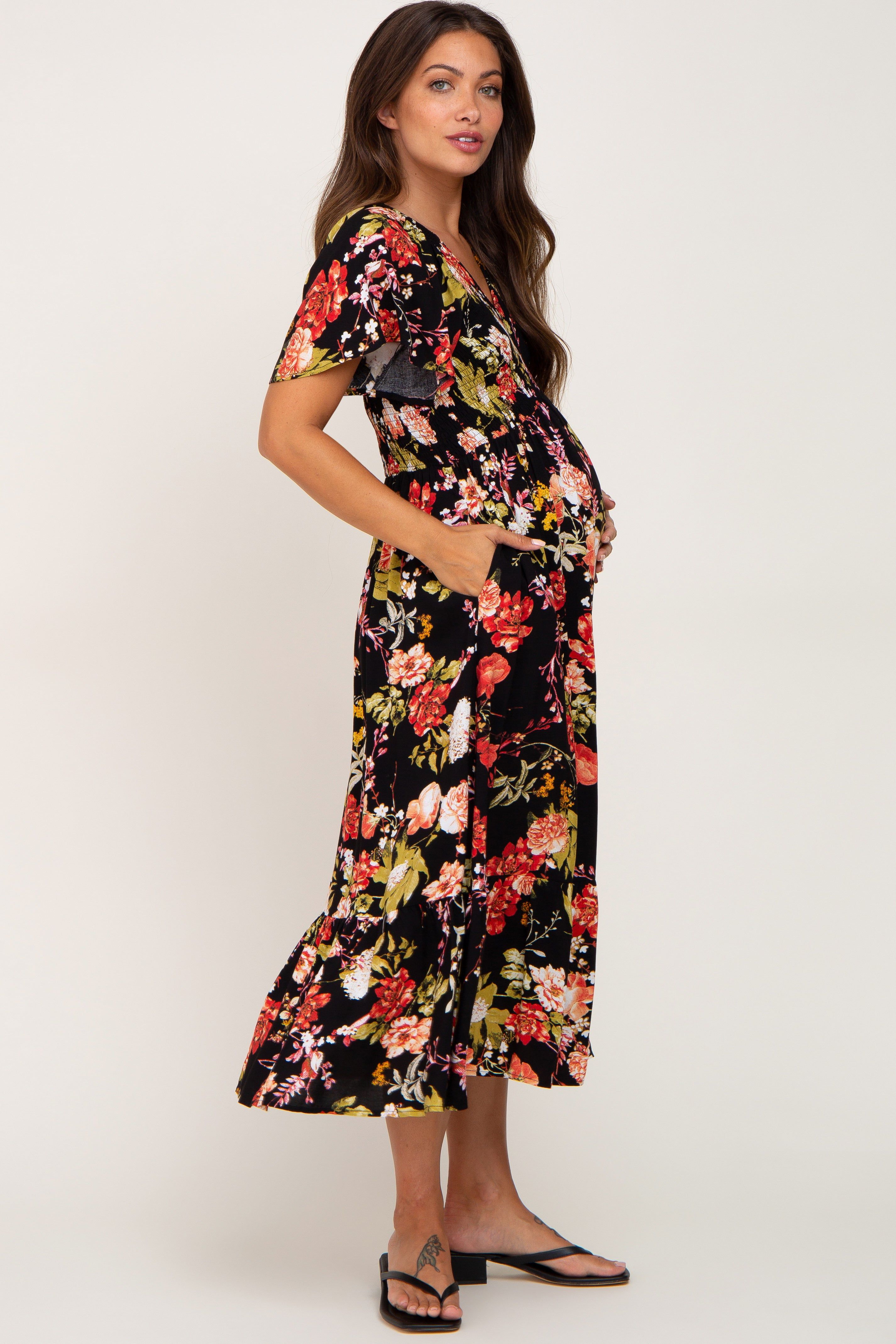 Black Floral Smocked V-Neck Maternity Midi Dress sold by Pinkblush product image thumbnail 2
