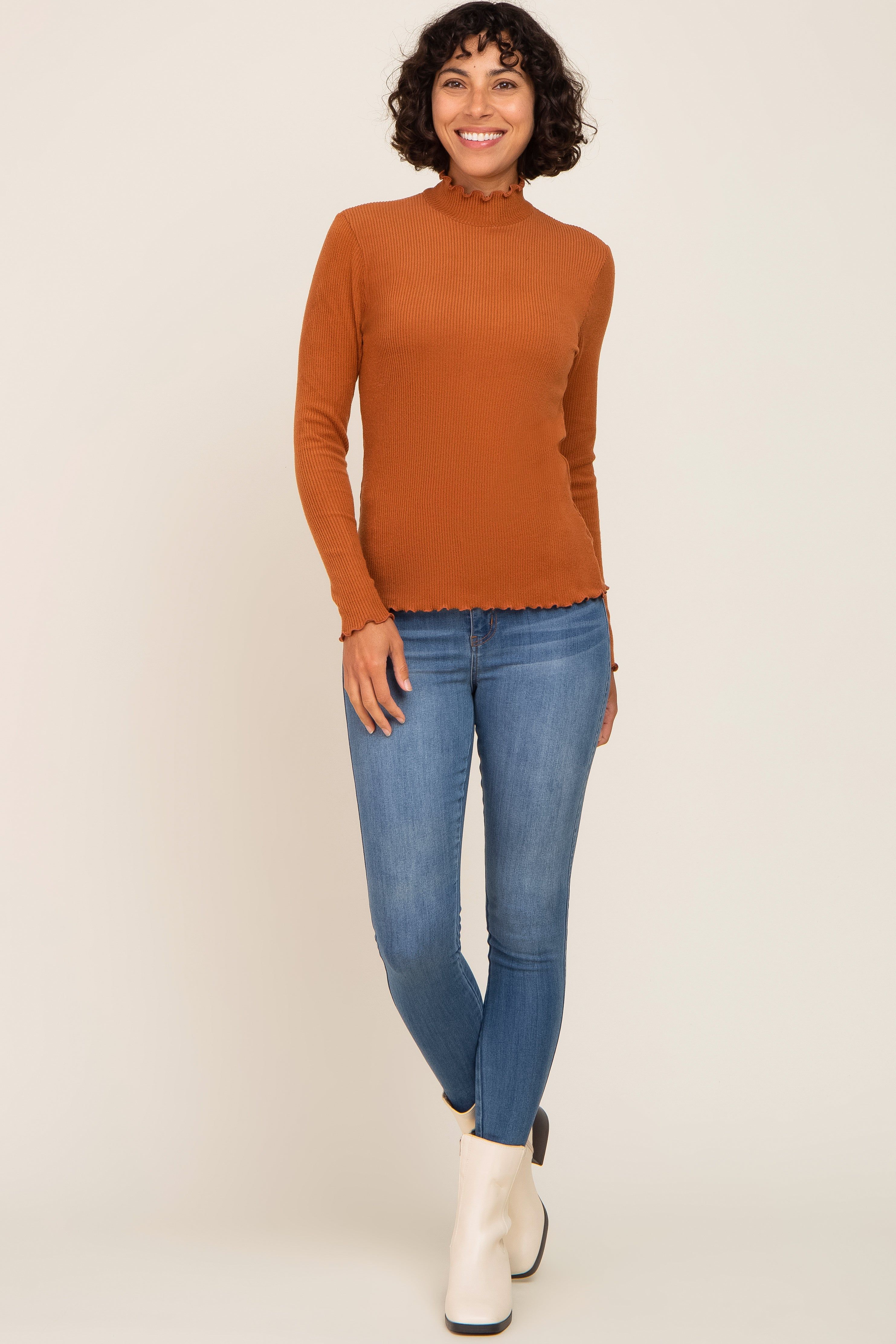 Rust Ribbed Ruffle Trim Mock Neck Top sold by Pinkblush product image thumbnail 4