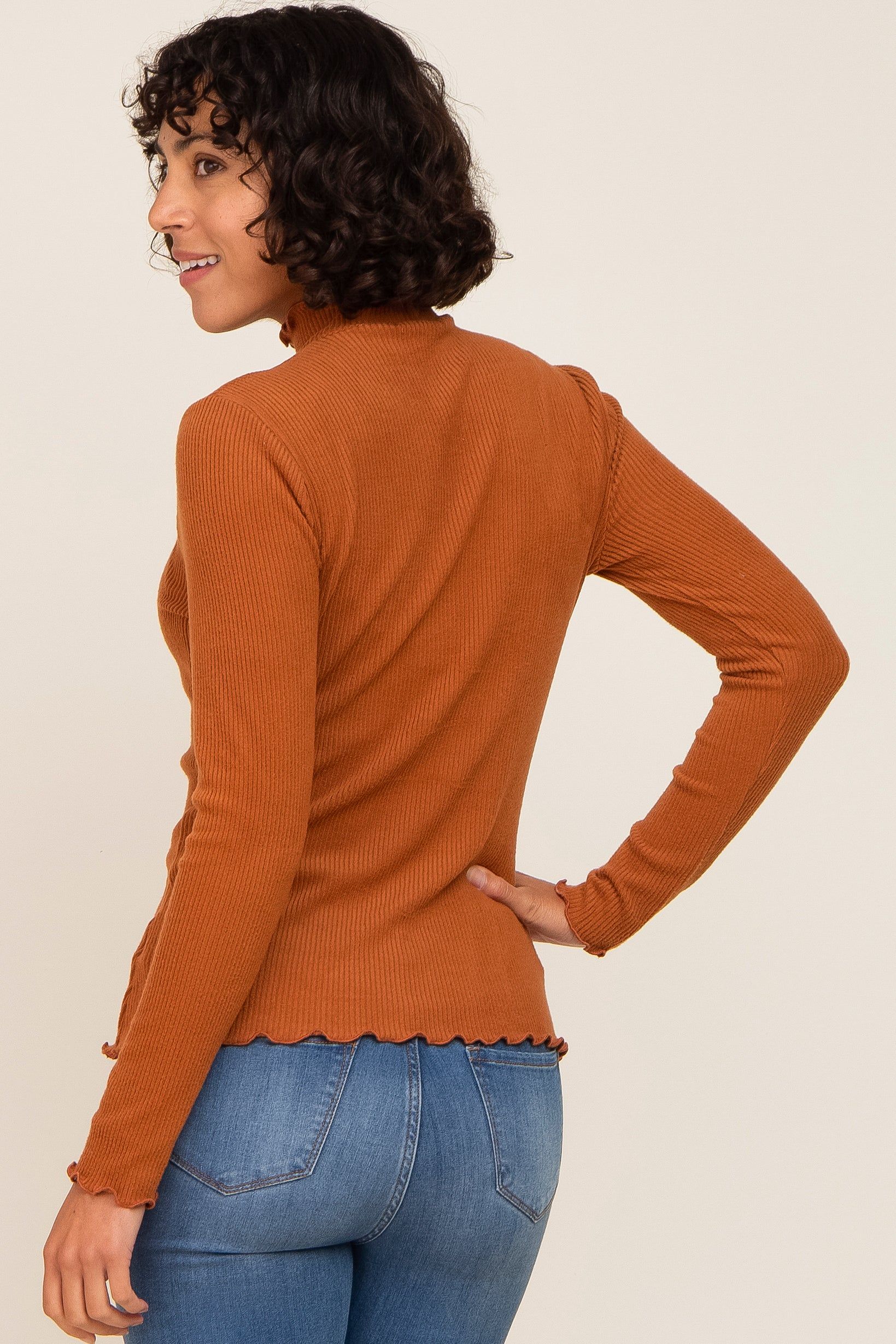Rust Ribbed Ruffle Trim Mock Neck Top sold by Pinkblush product image thumbnail 3
