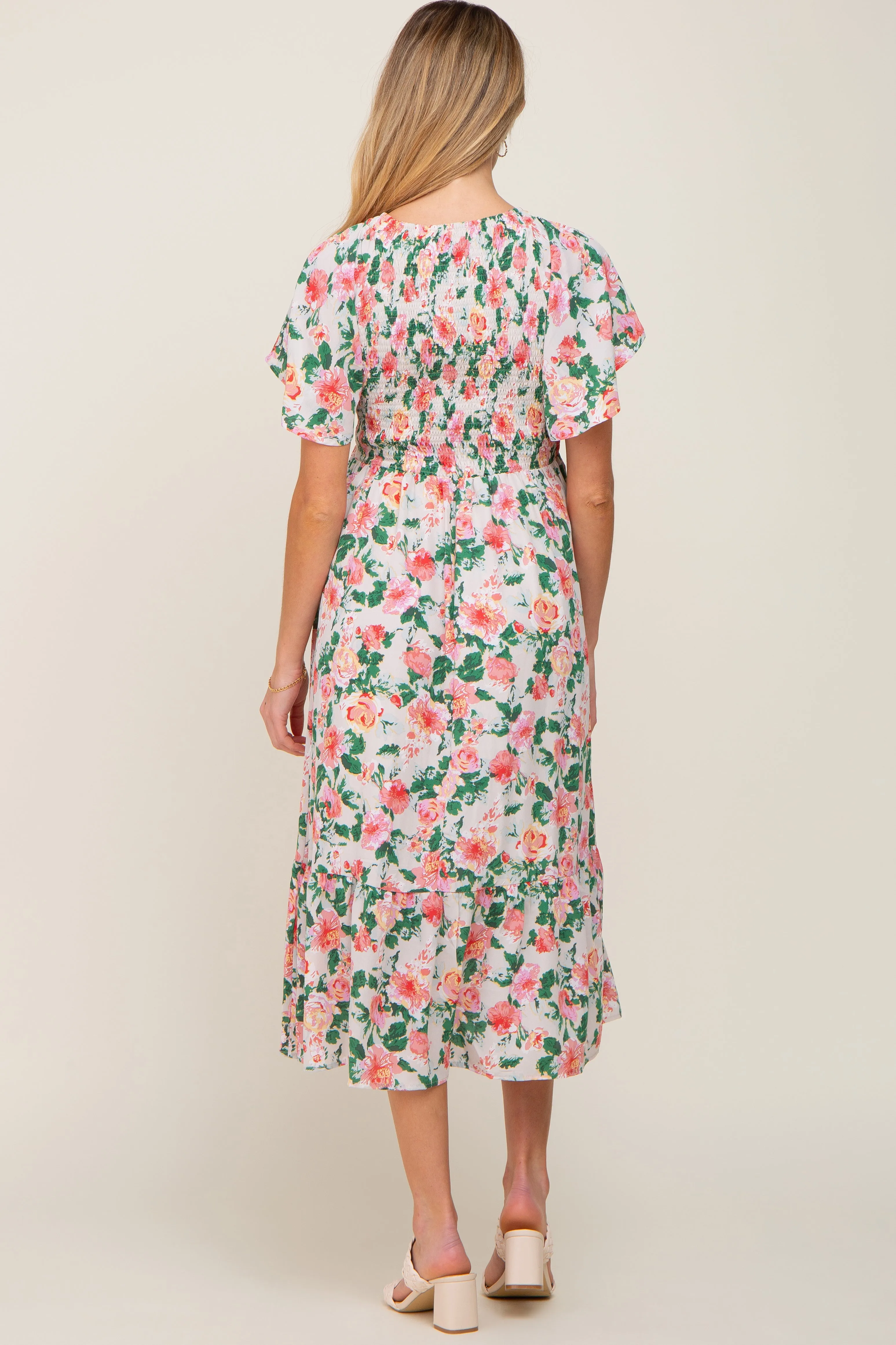 Cream Floral Smocked Flutter Sleeve Maternity Midi Dress sold by Pinkblush product image thumbnail 3