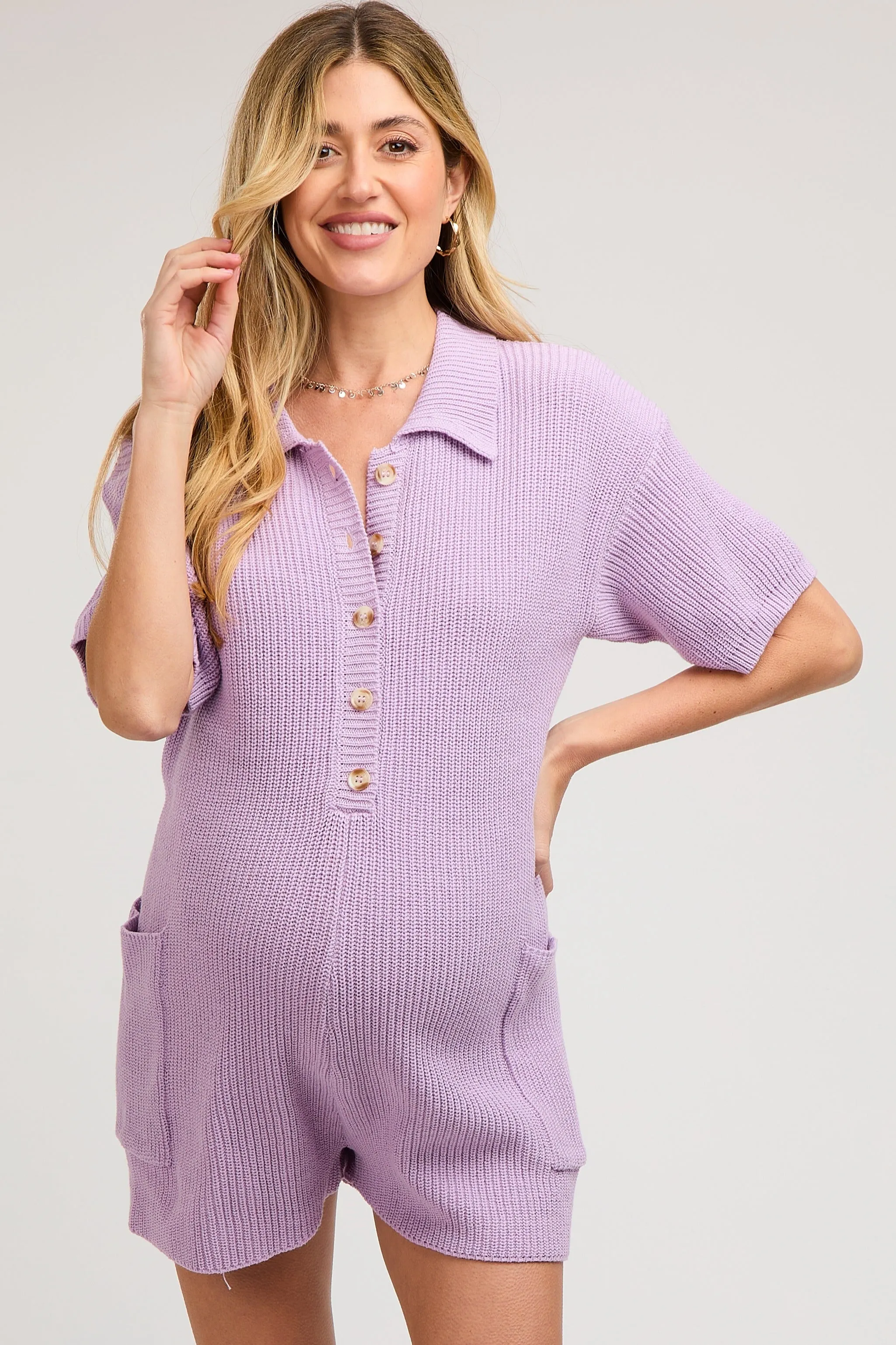 Lavender Sweater Knit Front Button Maternity Romper sold by Pinkblush