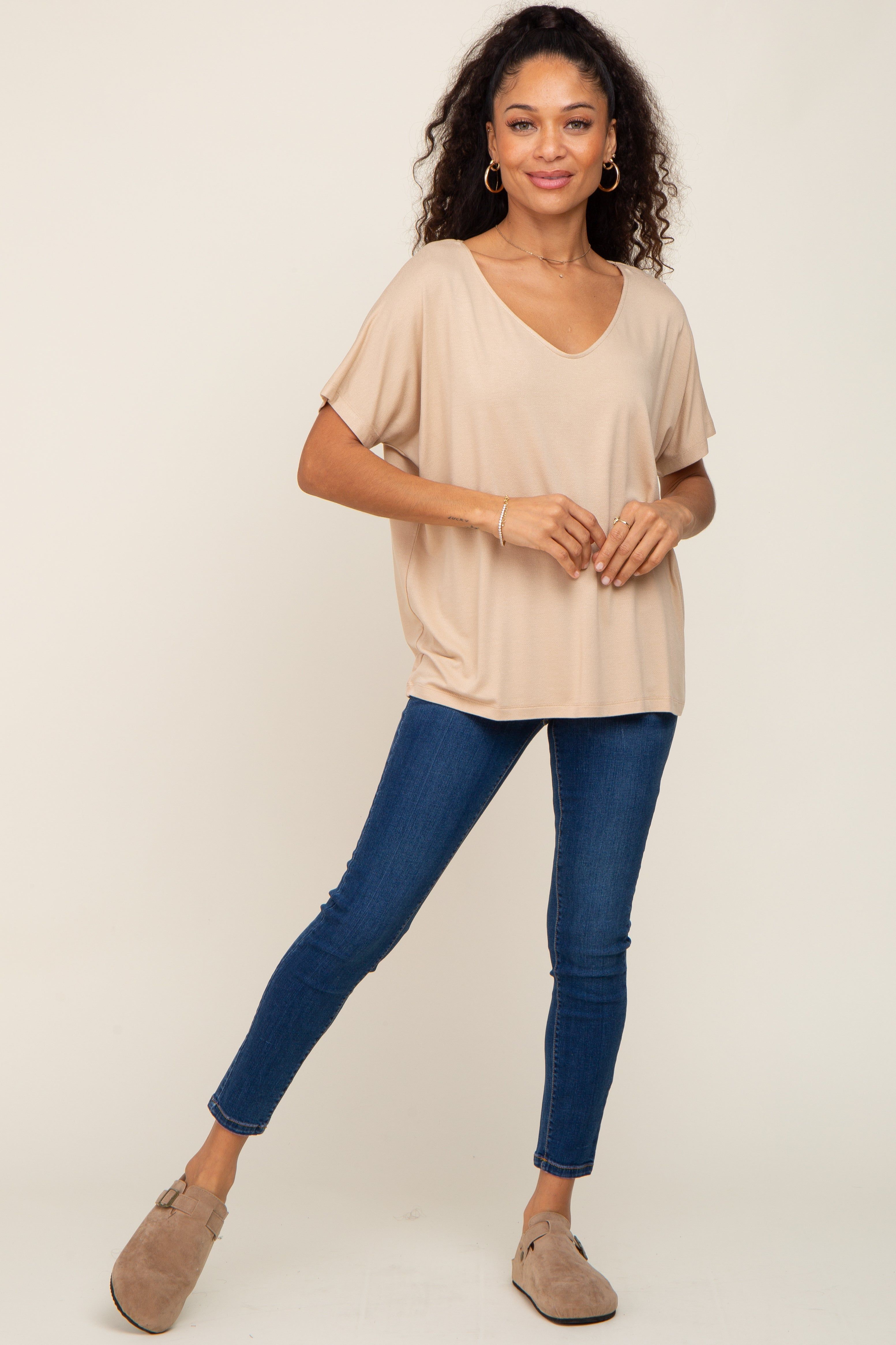 Taupe V-Neck Dolman Sleeve Top sold by Pinkblush product image thumbnail 4