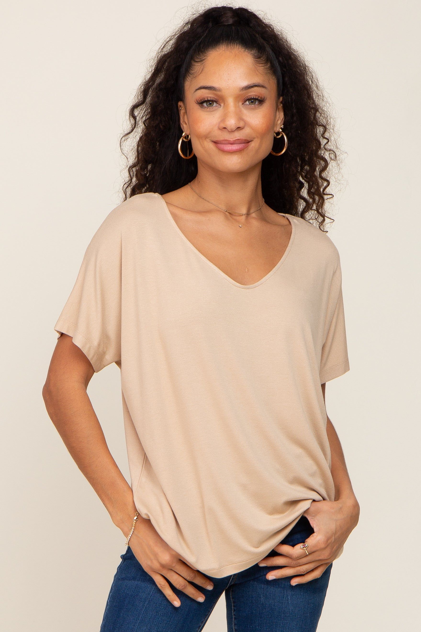 Taupe V-Neck Dolman Sleeve Top sold by Pinkblush