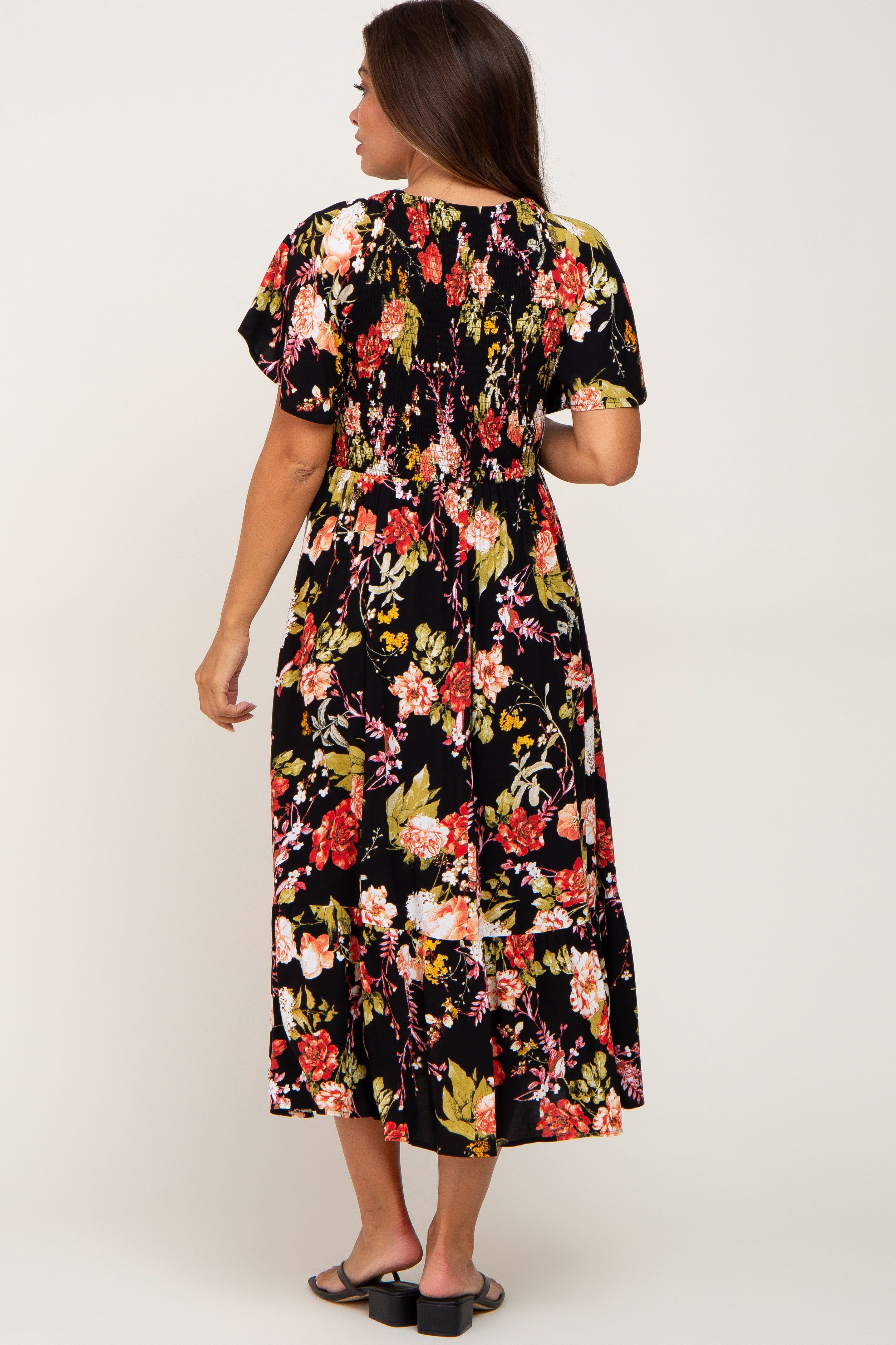 Black Floral Smocked V-Neck Maternity Midi Dress sold by Pinkblush product image thumbnail 3