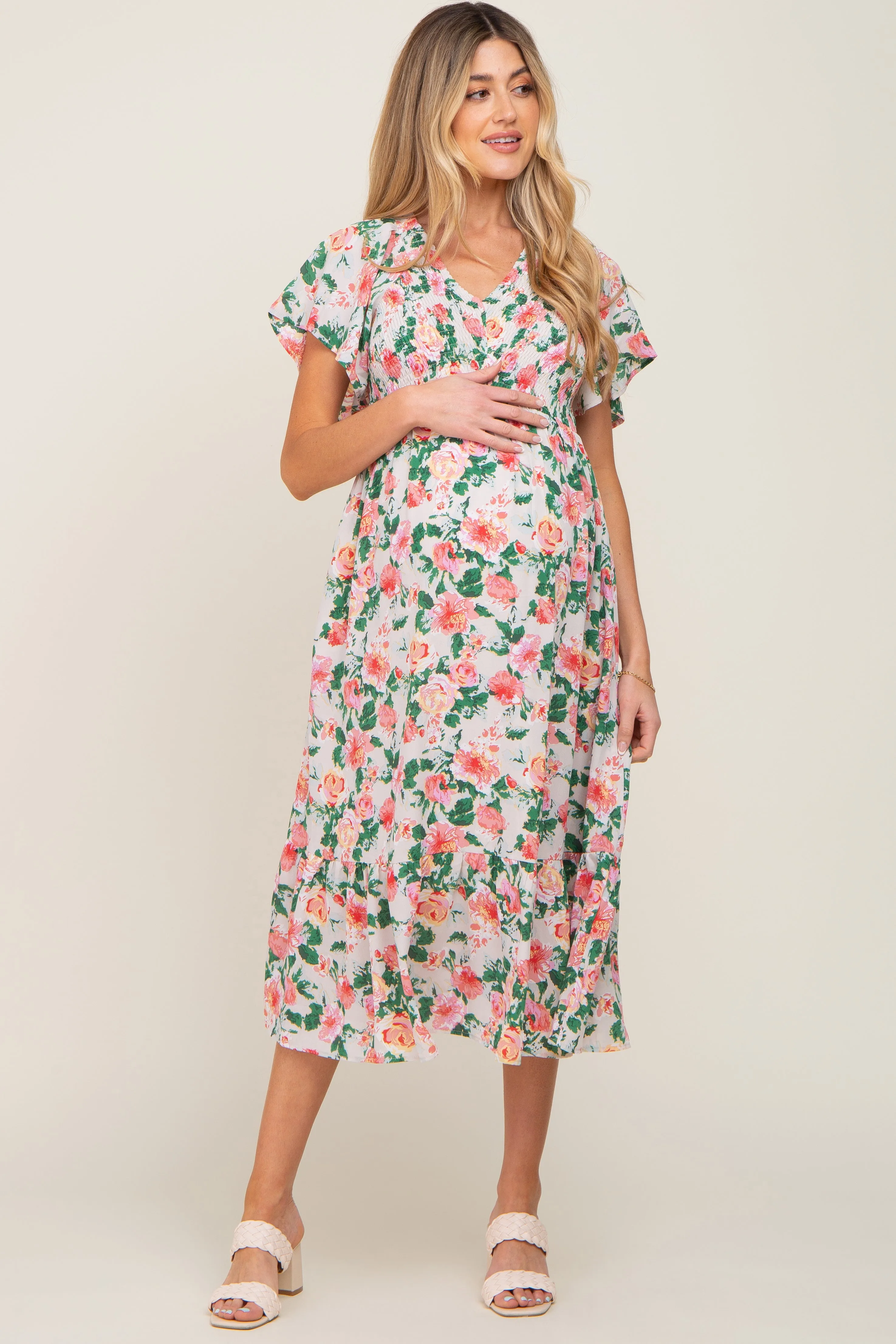 Cream Floral Smocked Flutter Sleeve Maternity Midi Dress sold by Pinkblush product image thumbnail 4