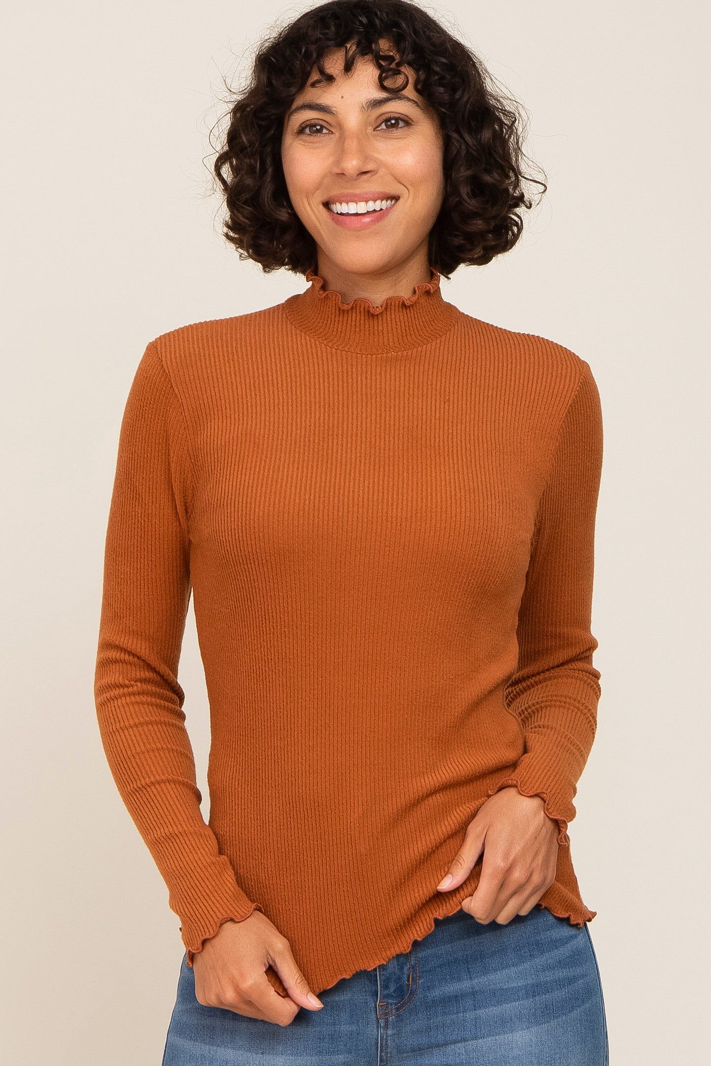 Rust Ribbed Ruffle Trim Mock Neck Top sold by Pinkblush