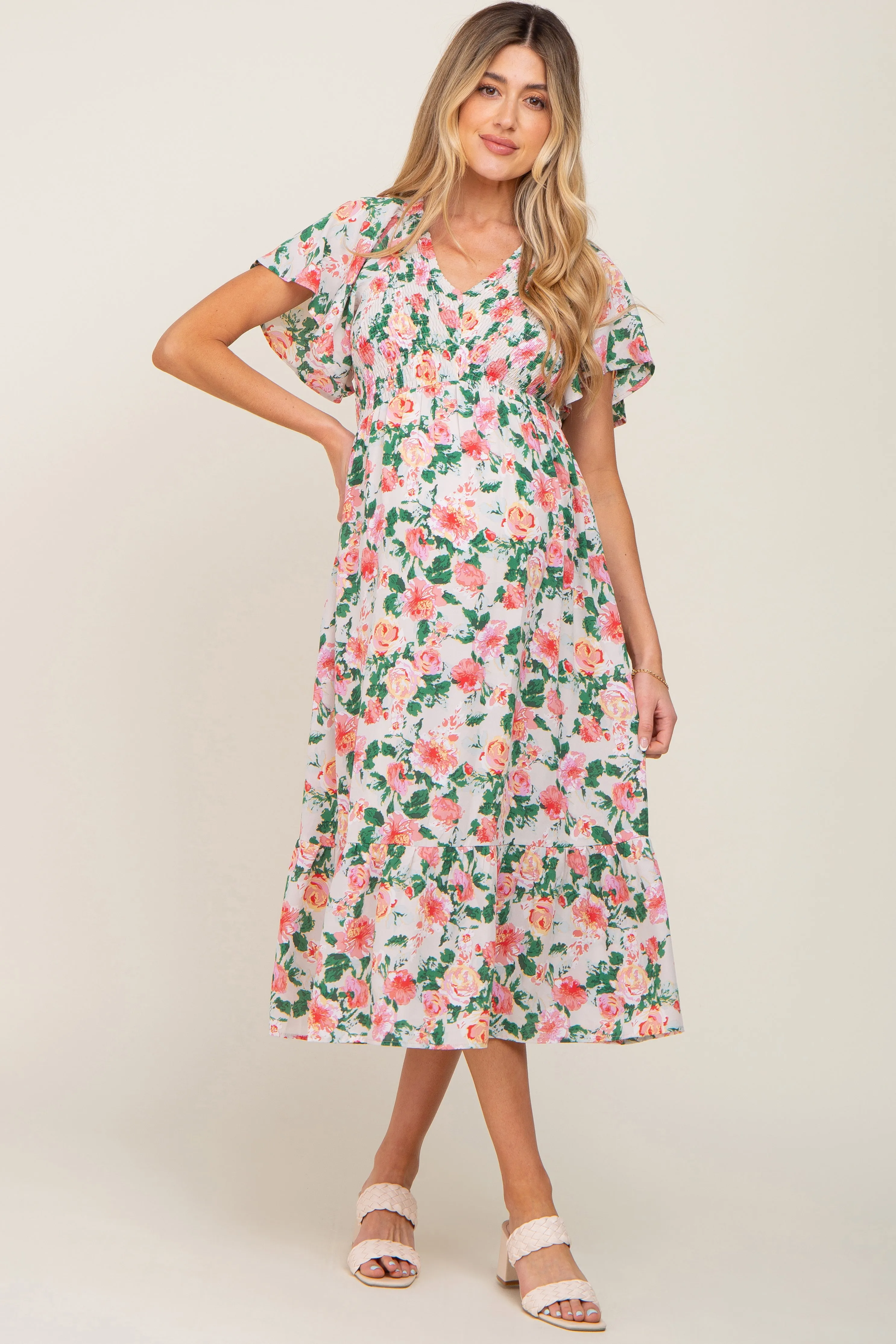 Cream Floral Smocked Flutter Sleeve Maternity Midi Dress sold by Pinkblush
