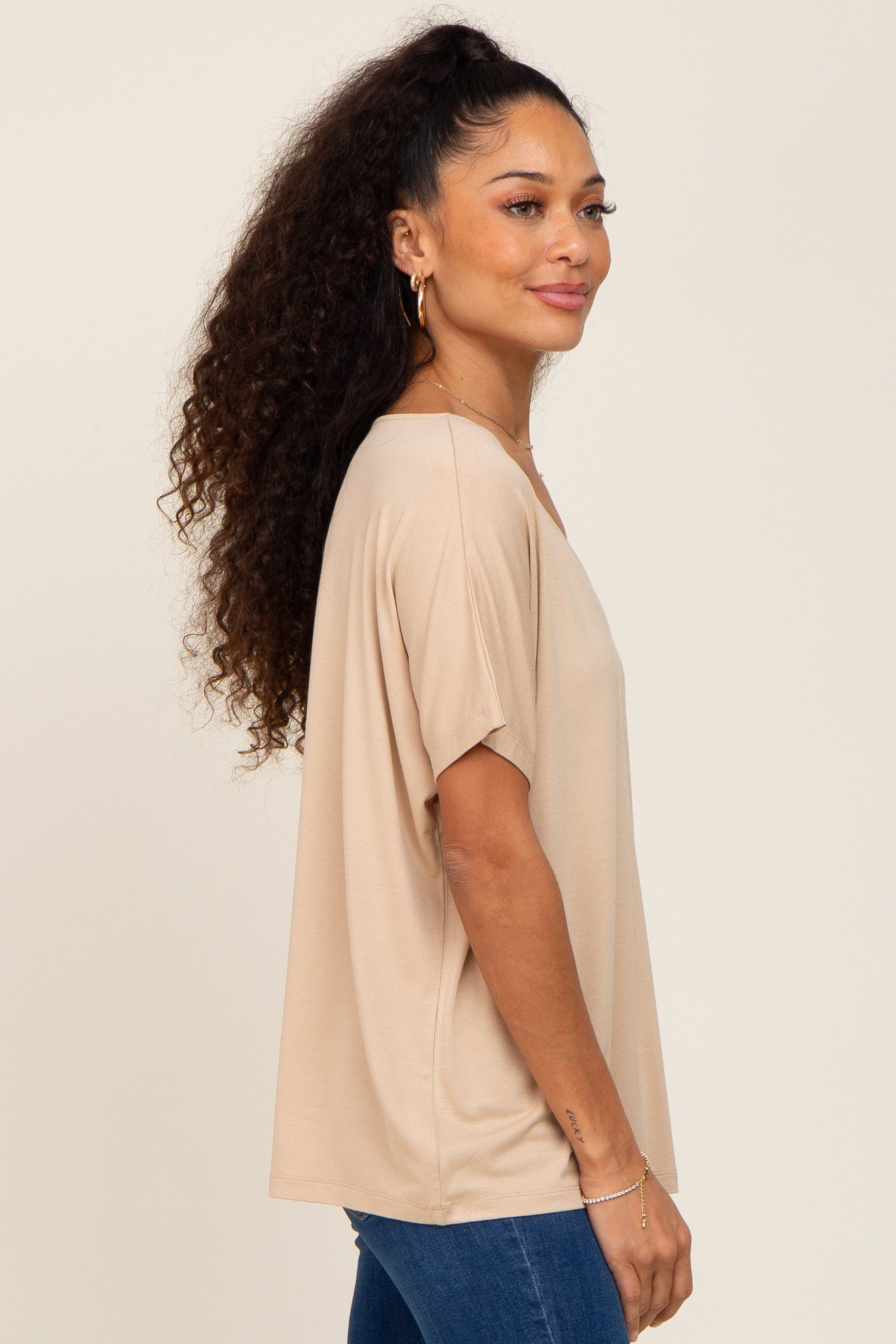 Taupe V-Neck Dolman Sleeve Top sold by Pinkblush product image thumbnail 2