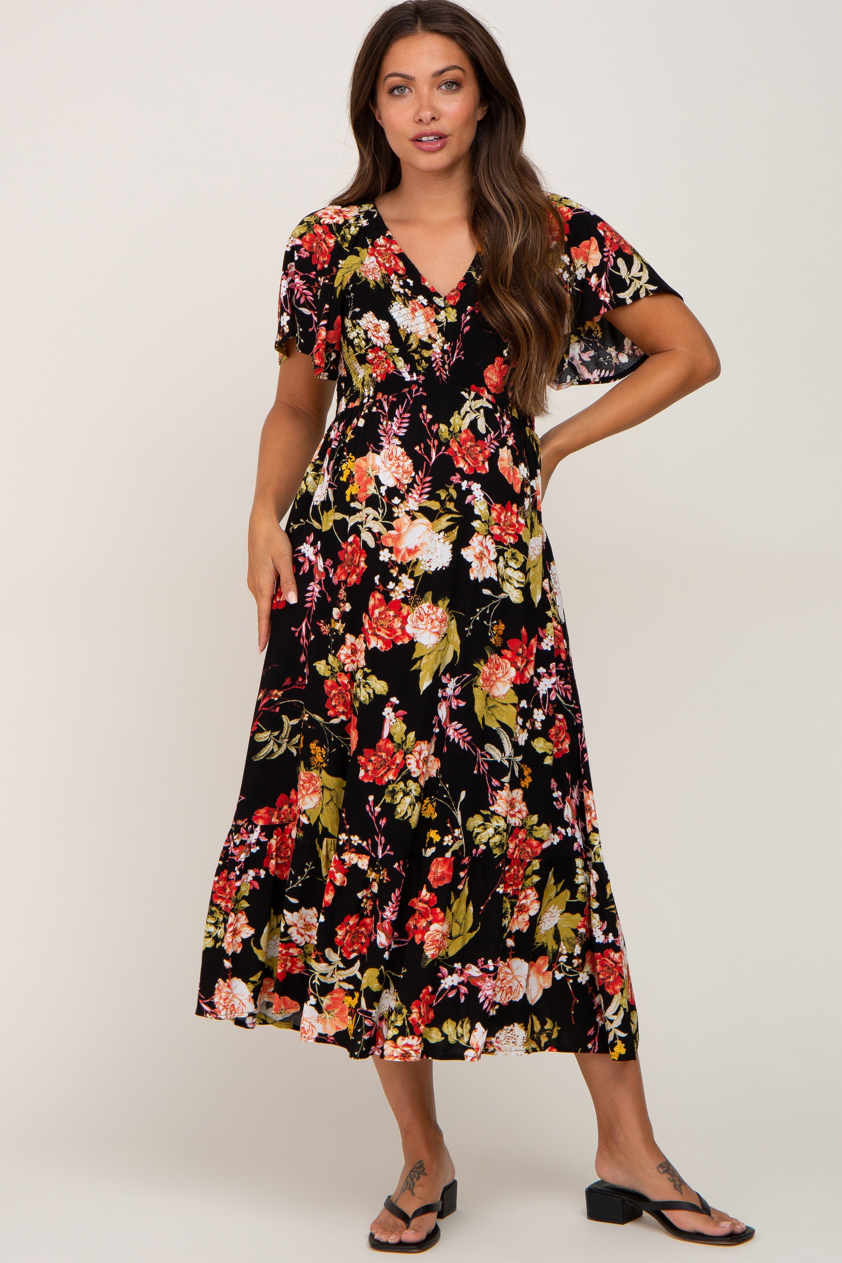 Black Floral Smocked V-Neck Maternity Midi Dress sold by Pinkblush product image thumbnail 4