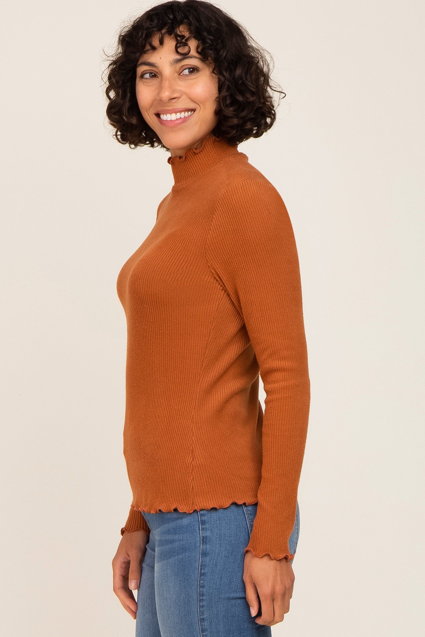 Rust Ribbed Ruffle Trim Mock Neck Top sold by Pinkblush product image thumbnail 2