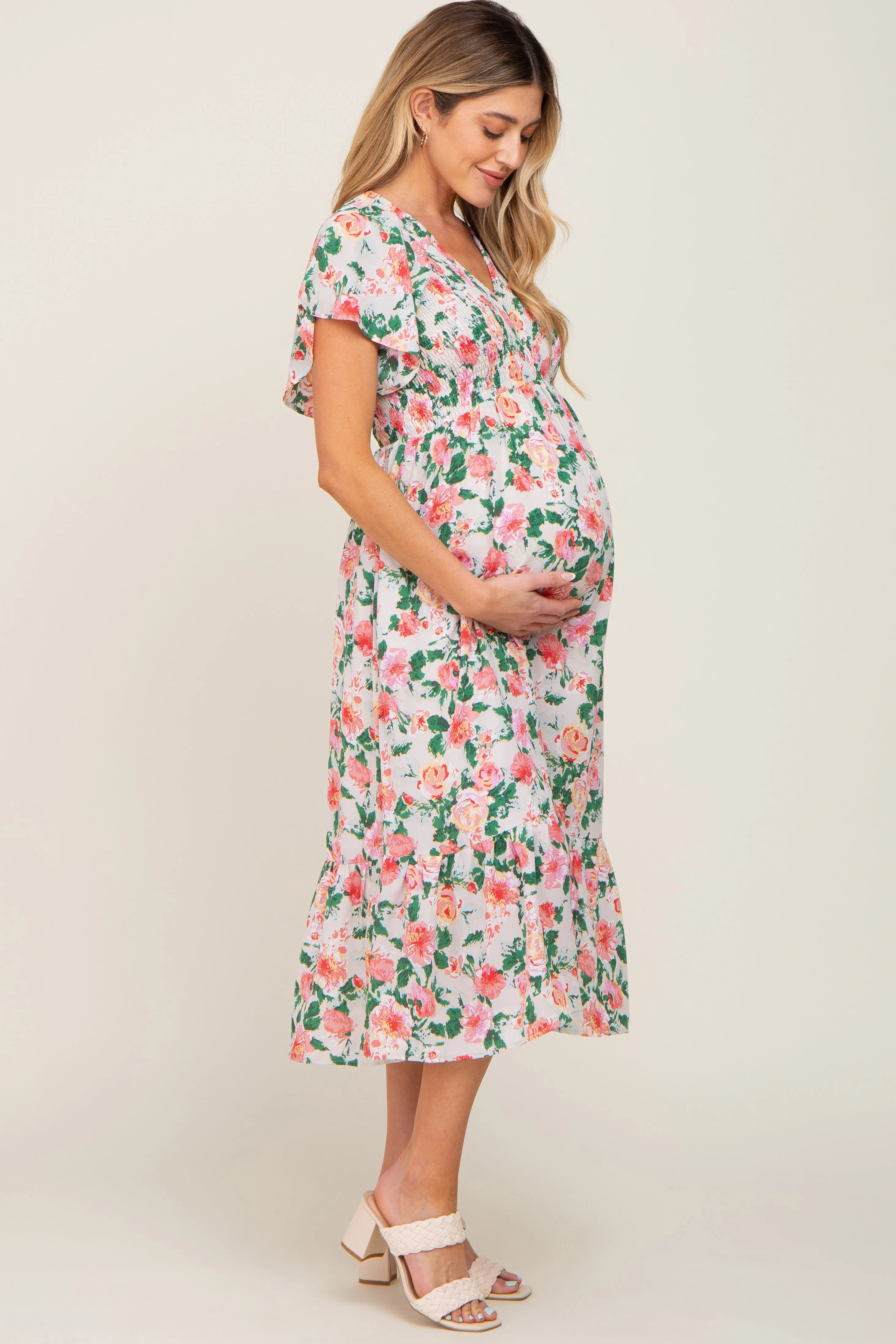 Cream Floral Smocked Flutter Sleeve Maternity Midi Dress sold by Pinkblush product image thumbnail 2
