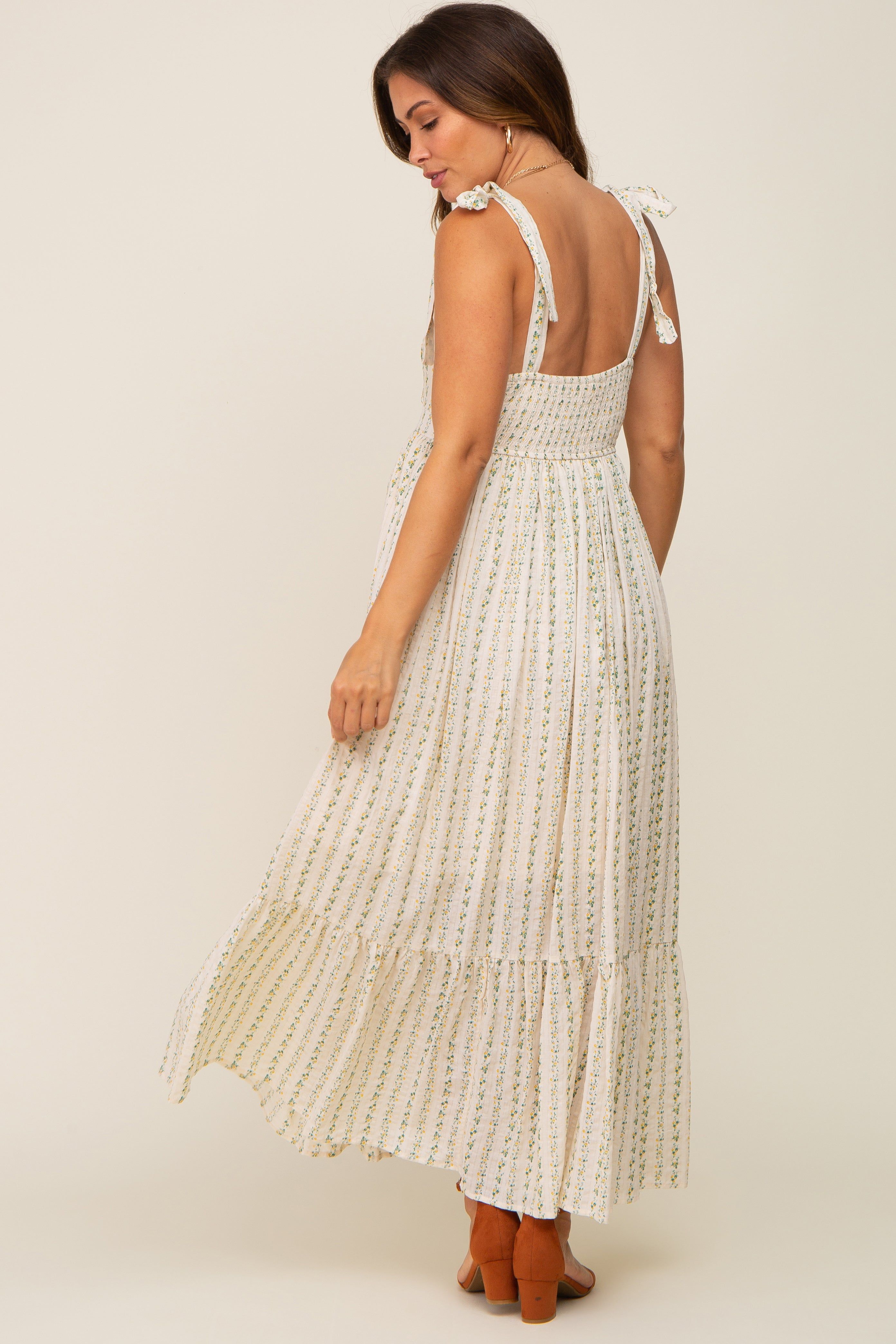 Green Floral Pleated Shoulder Tie Maternity Midi Dress sold by Pinkblush product image thumbnail 4