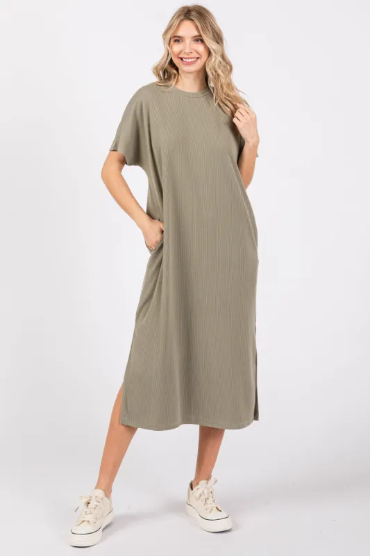 Light Olive Ribbed Short Dolman Sleeve Side Slit Midi Dress sold by Pinkblush