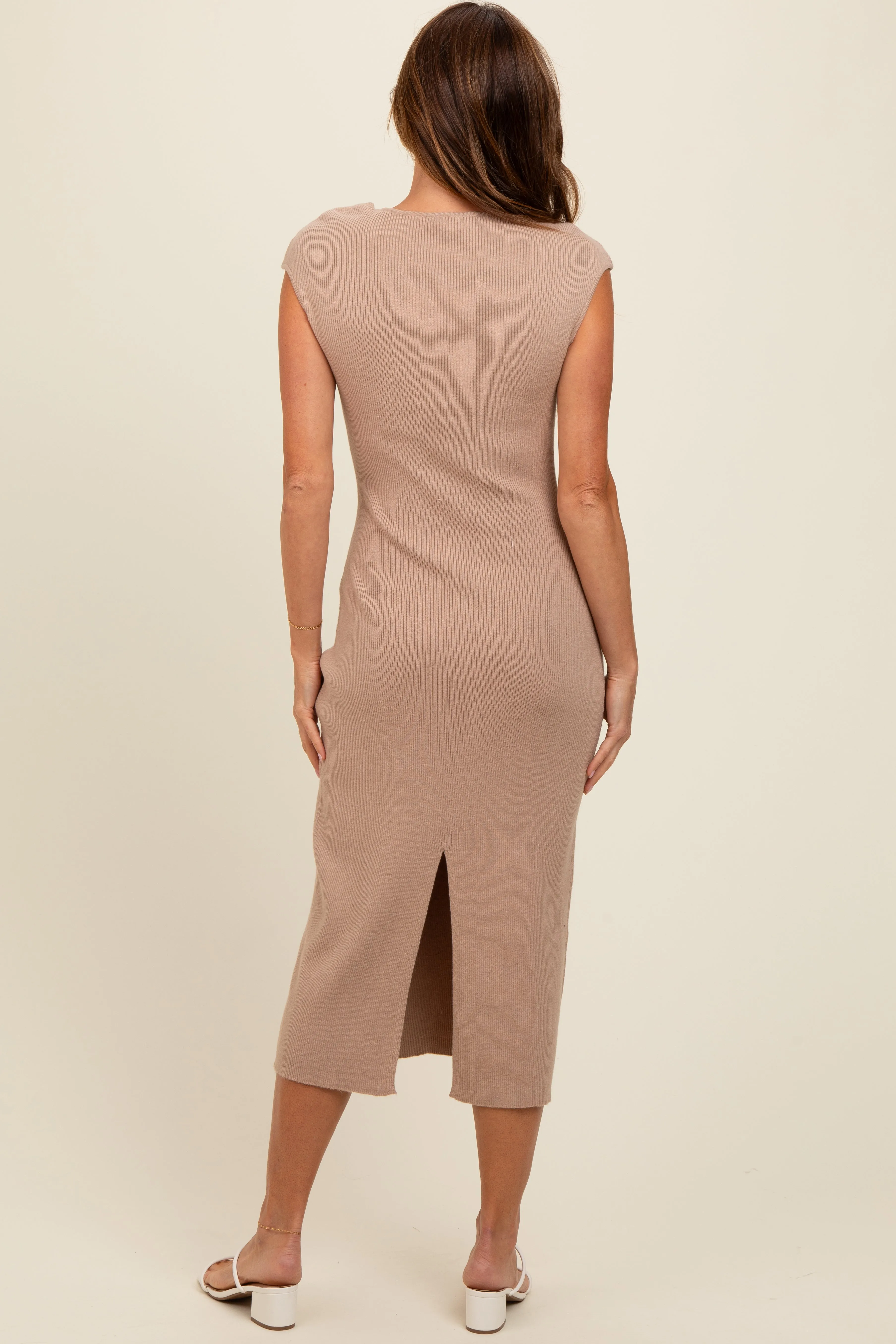 Beige Knit Sleeve Tie Detail Midi Dress sold by Pinkblush product image thumbnail 3