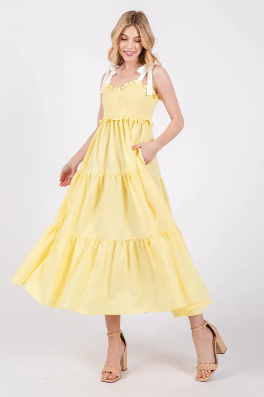 Yellow Sleeveless Tiered Colorblock Strap Maxi Dress sold by Pinkblush