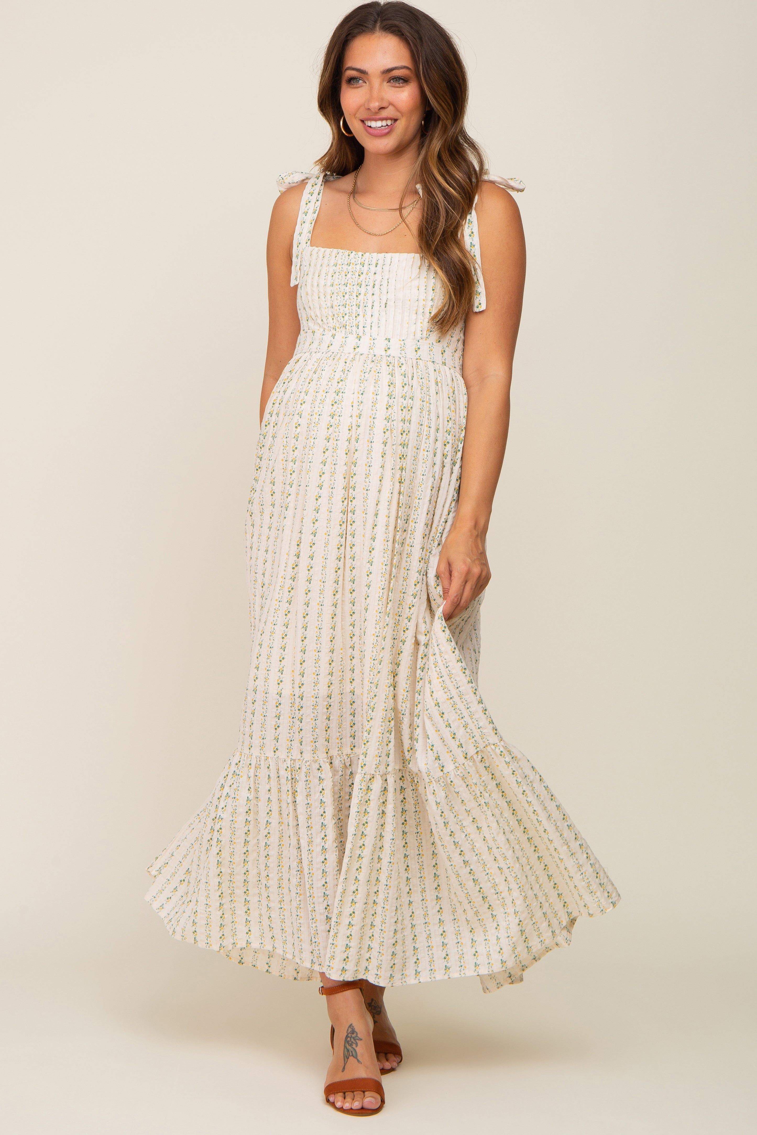 Green Floral Pleated Shoulder Tie Maternity Midi Dress sold by Pinkblush product image thumbnail 2