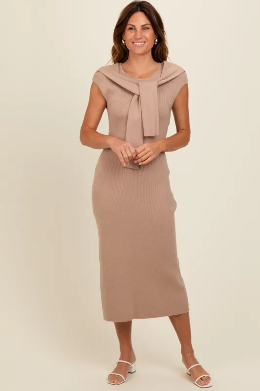 Beige Knit Sleeve Tie Detail Midi Dress sold by Pinkblush
