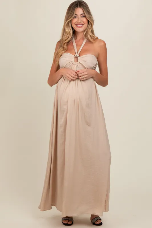 Beige Halter Cutout Maternity Maxi Dress sold by Pinkblush
