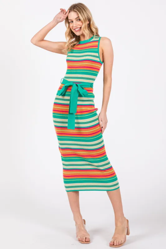 Mint Green Striped Tie Waist Sleeveless Midi Dress sold by Pinkblush