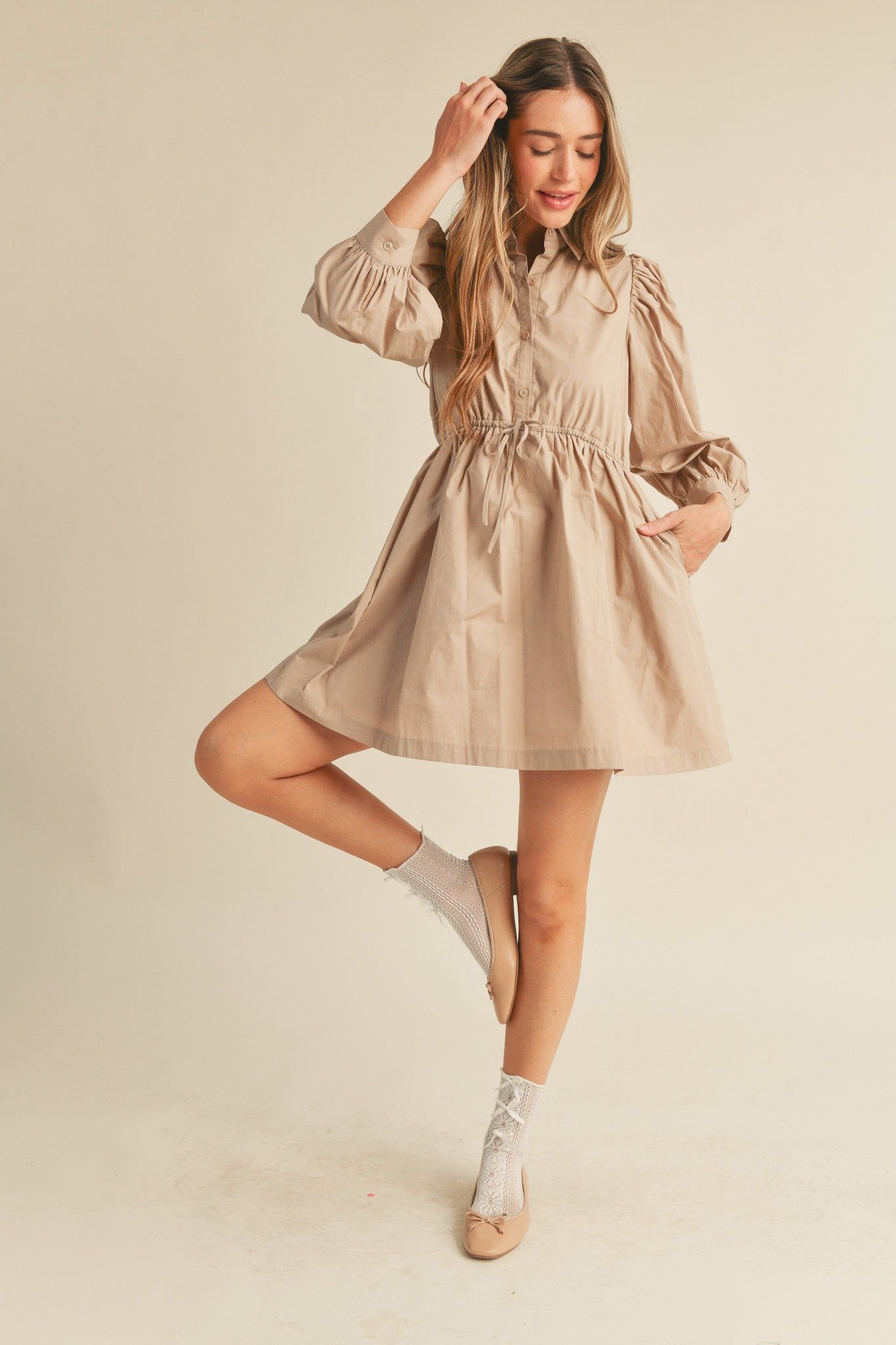Beige Button Down Puff Sleeve Mini Dress sold by Pinkblush product image thumbnail 4