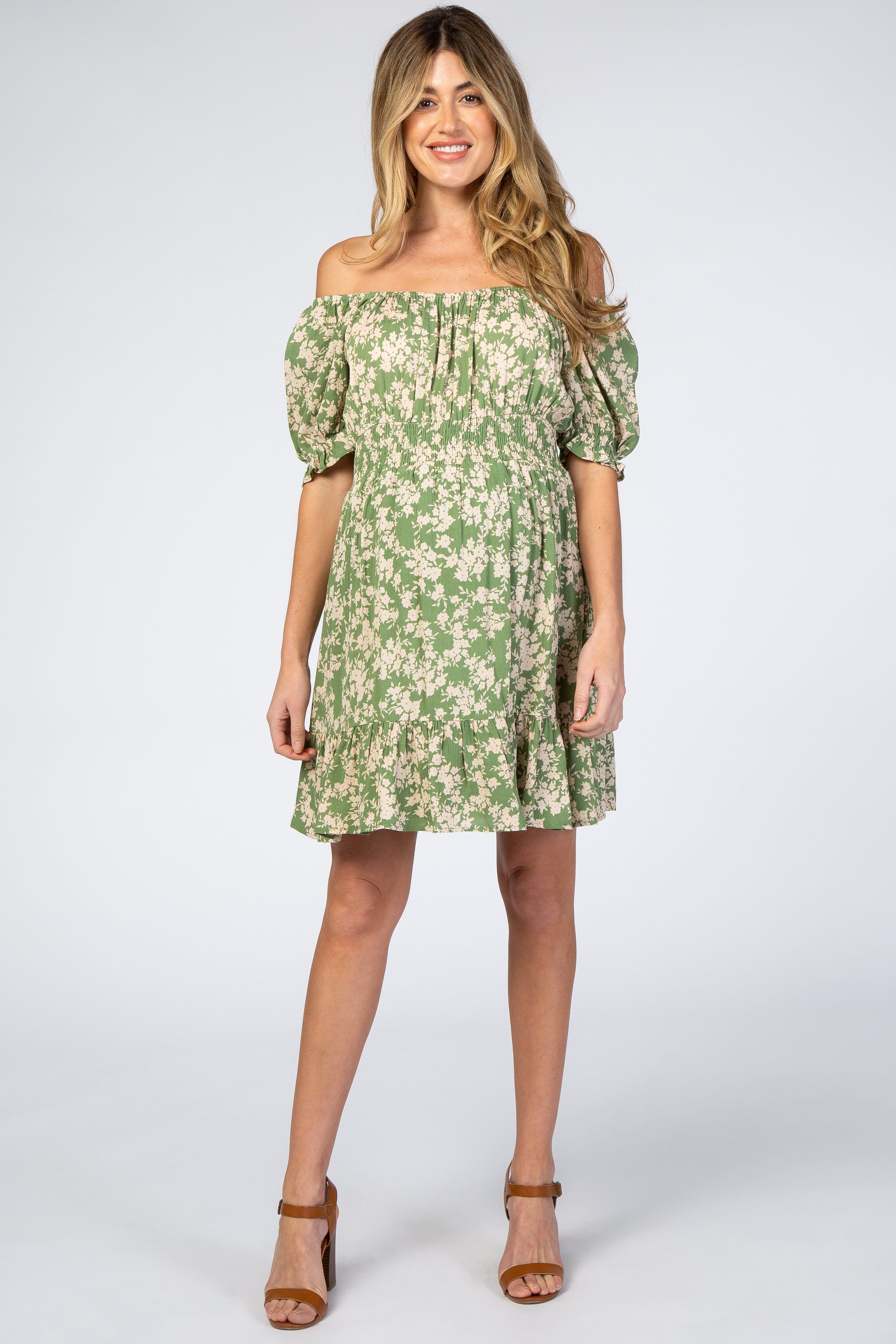 Green Floral Off Shoulder Maternity Mini Dress sold by Pinkblush