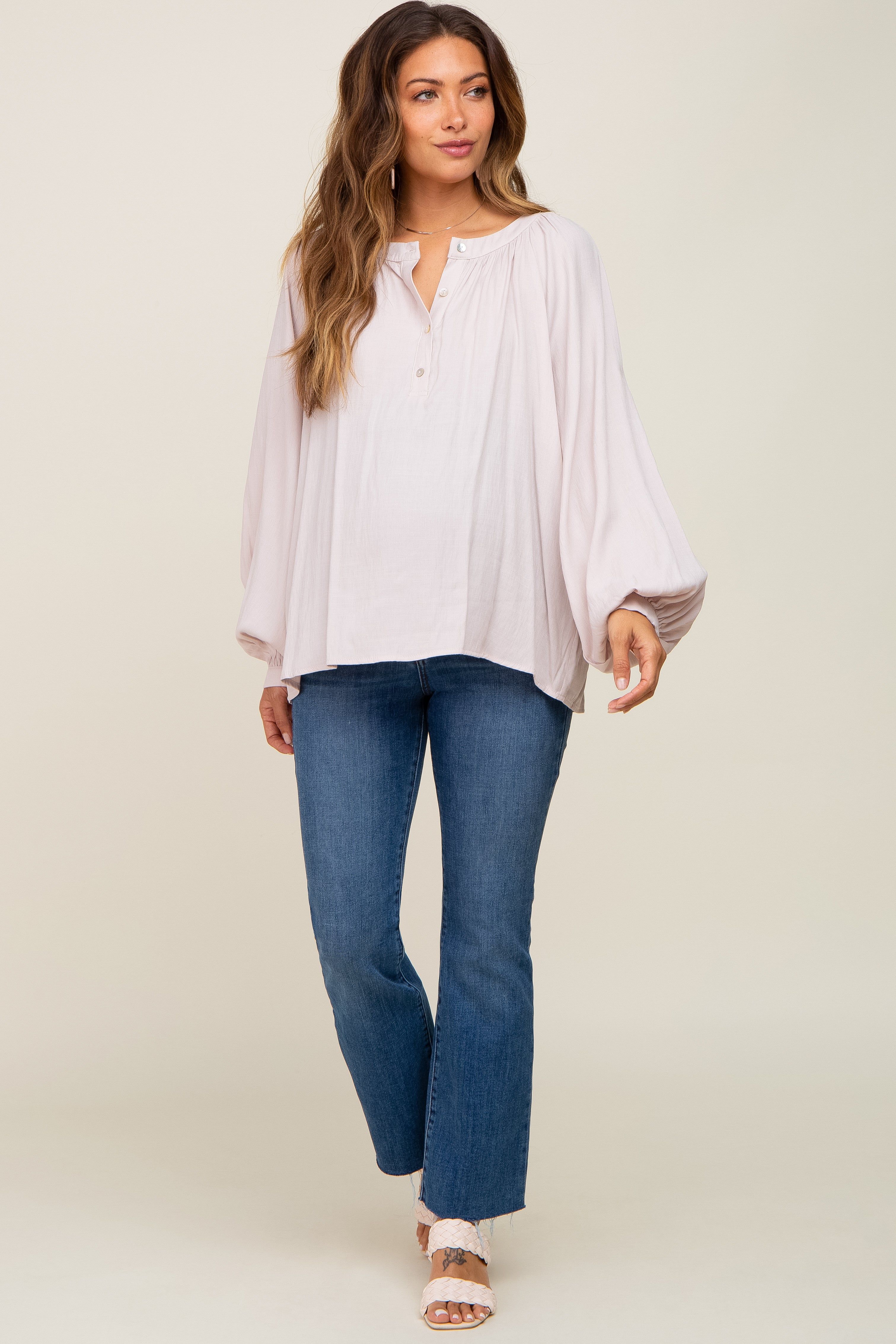 Taupe Button Front Long Puff Sleeve Maternity Top sold by Pinkblush product image thumbnail 5