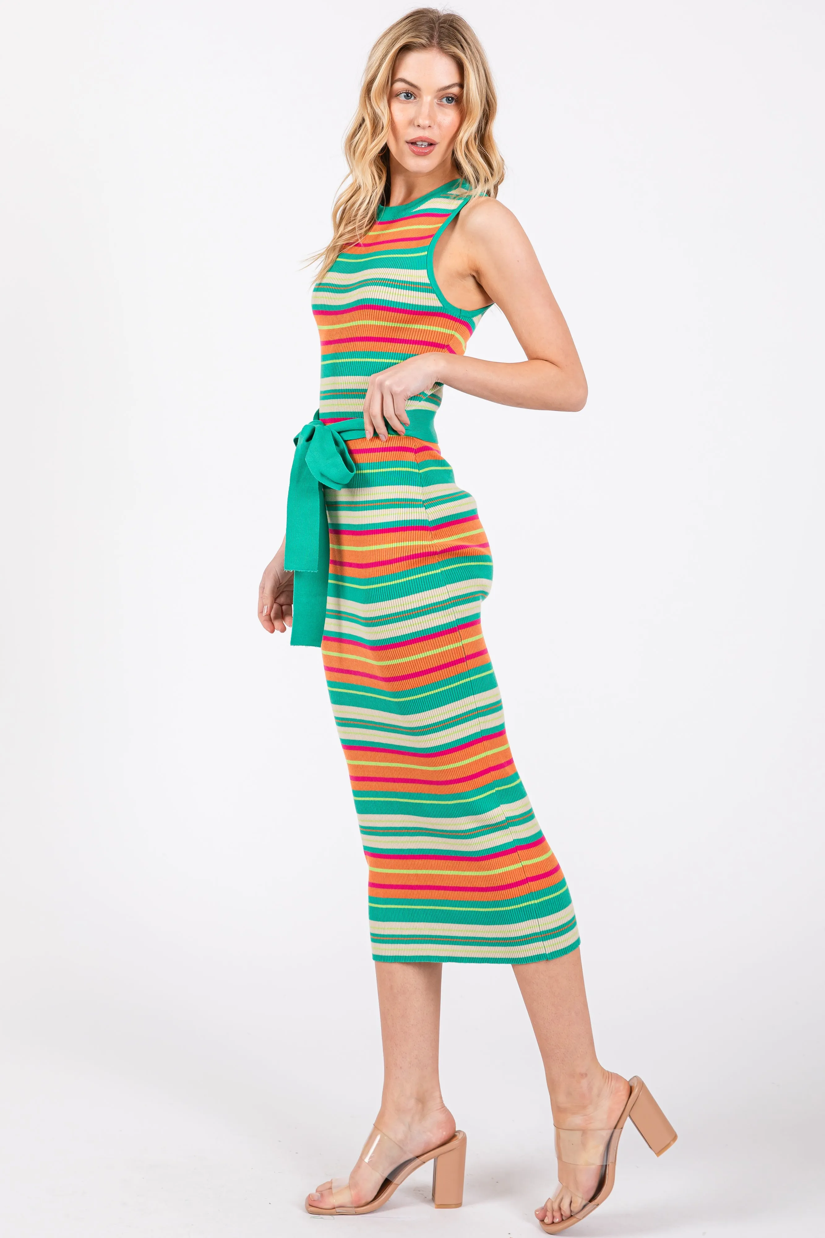 Mint Green Striped Tie Waist Sleeveless Midi Dress sold by Pinkblush product image thumbnail 2