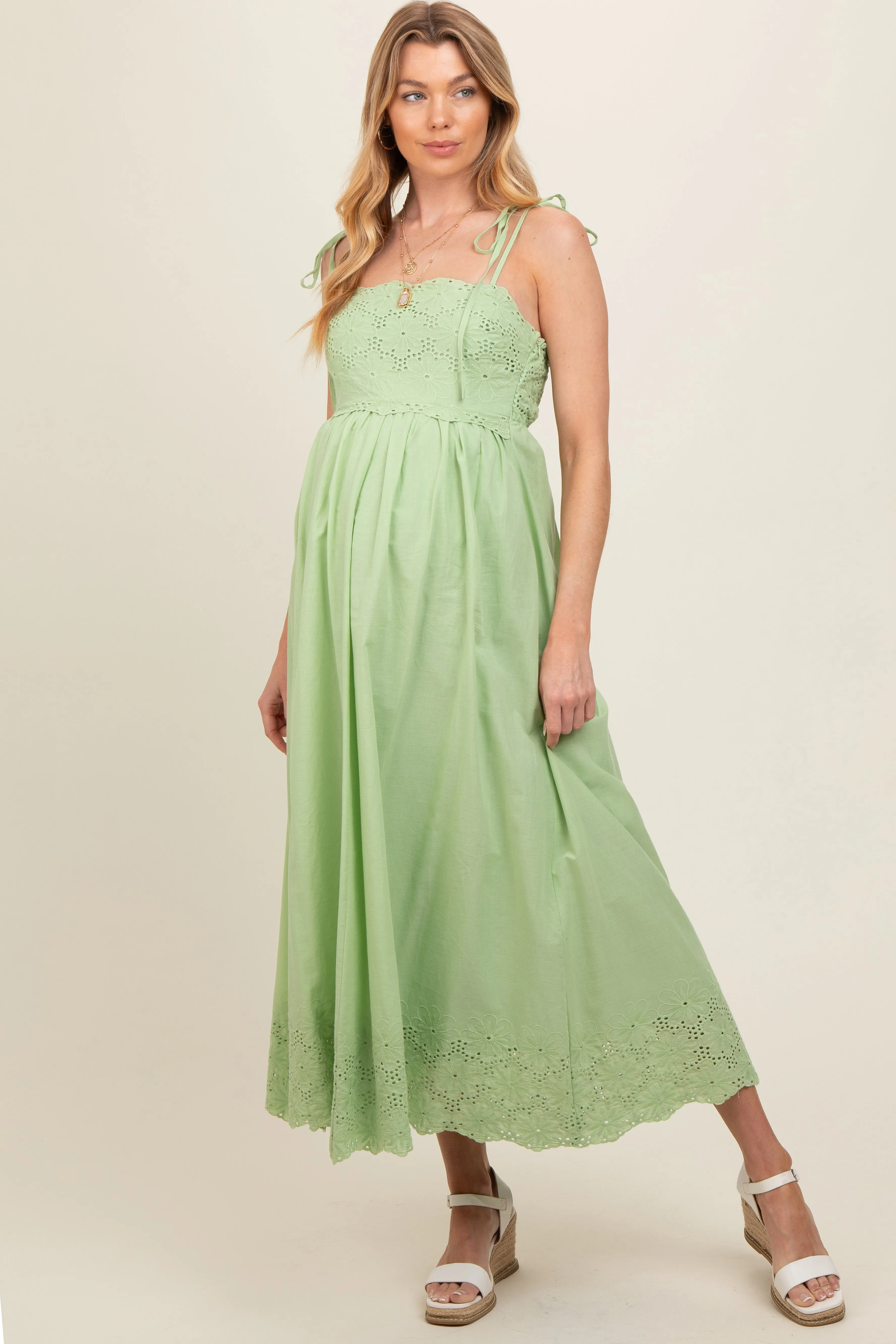 Mint Green Eyelet Floral Shoulder Tie Maternity Dress sold by Pinkblush product image thumbnail 2