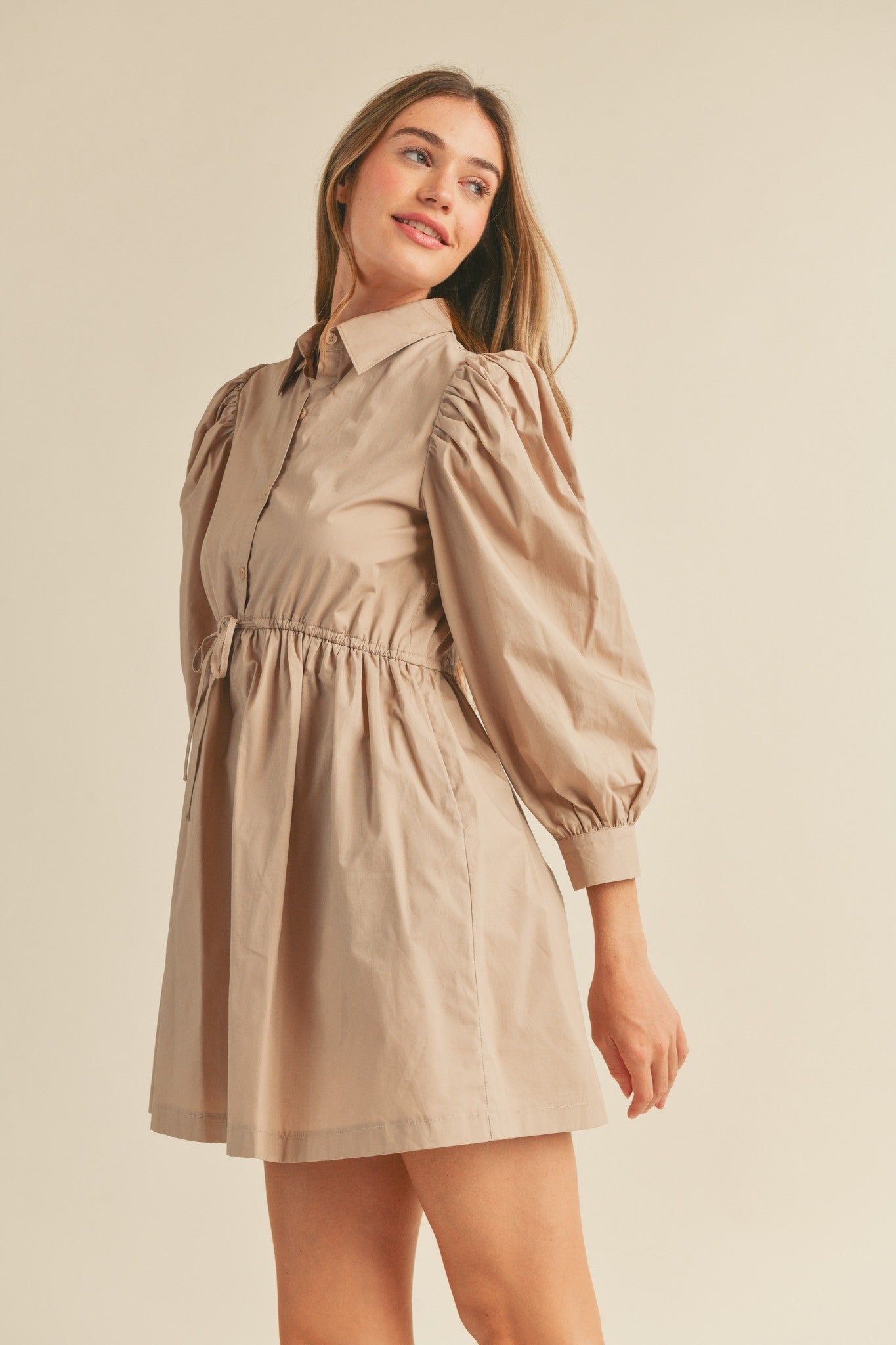 Beige Button Down Puff Sleeve Mini Dress sold by Pinkblush product image thumbnail 2