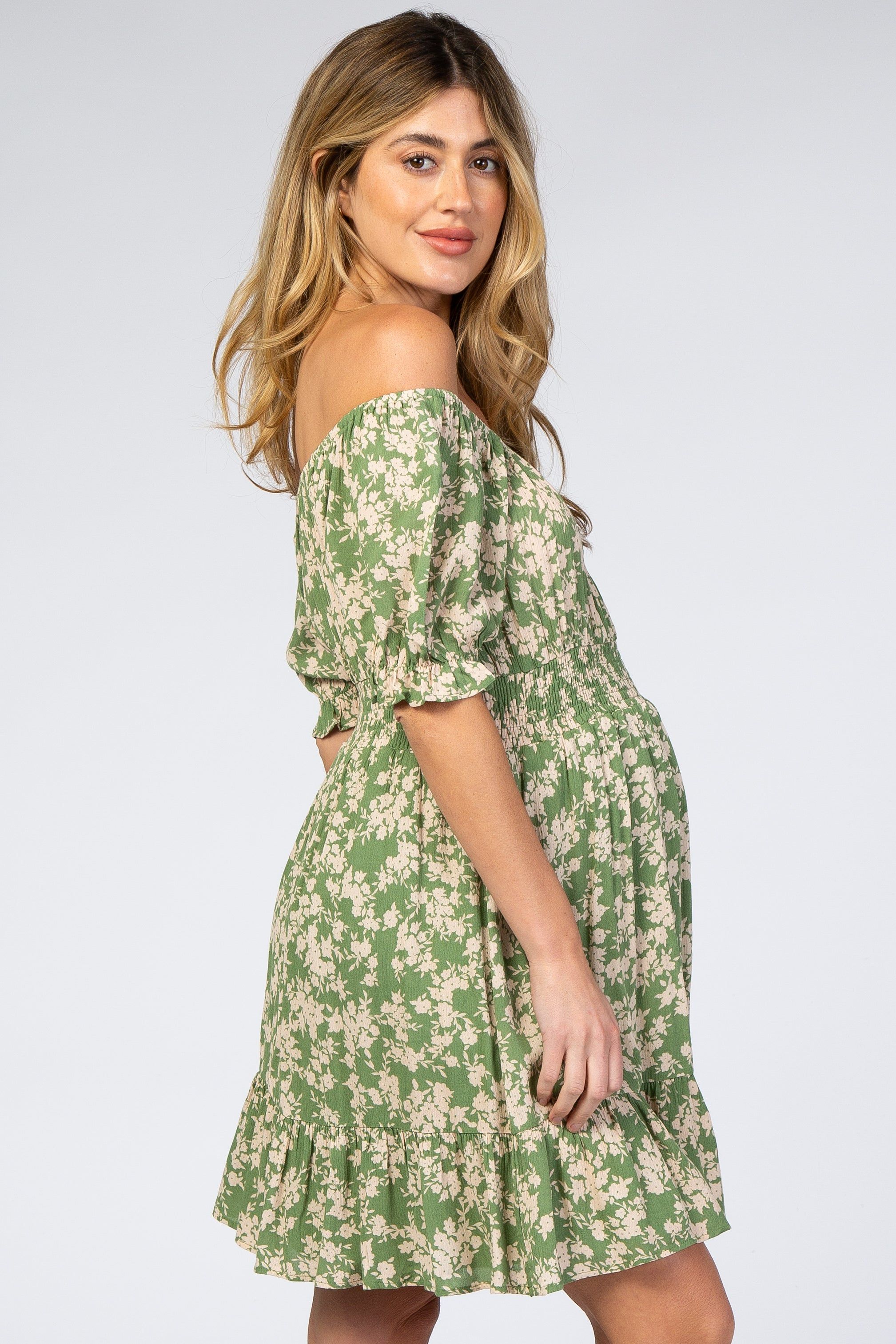 Green Floral Off Shoulder Maternity Mini Dress sold by Pinkblush product image thumbnail 2