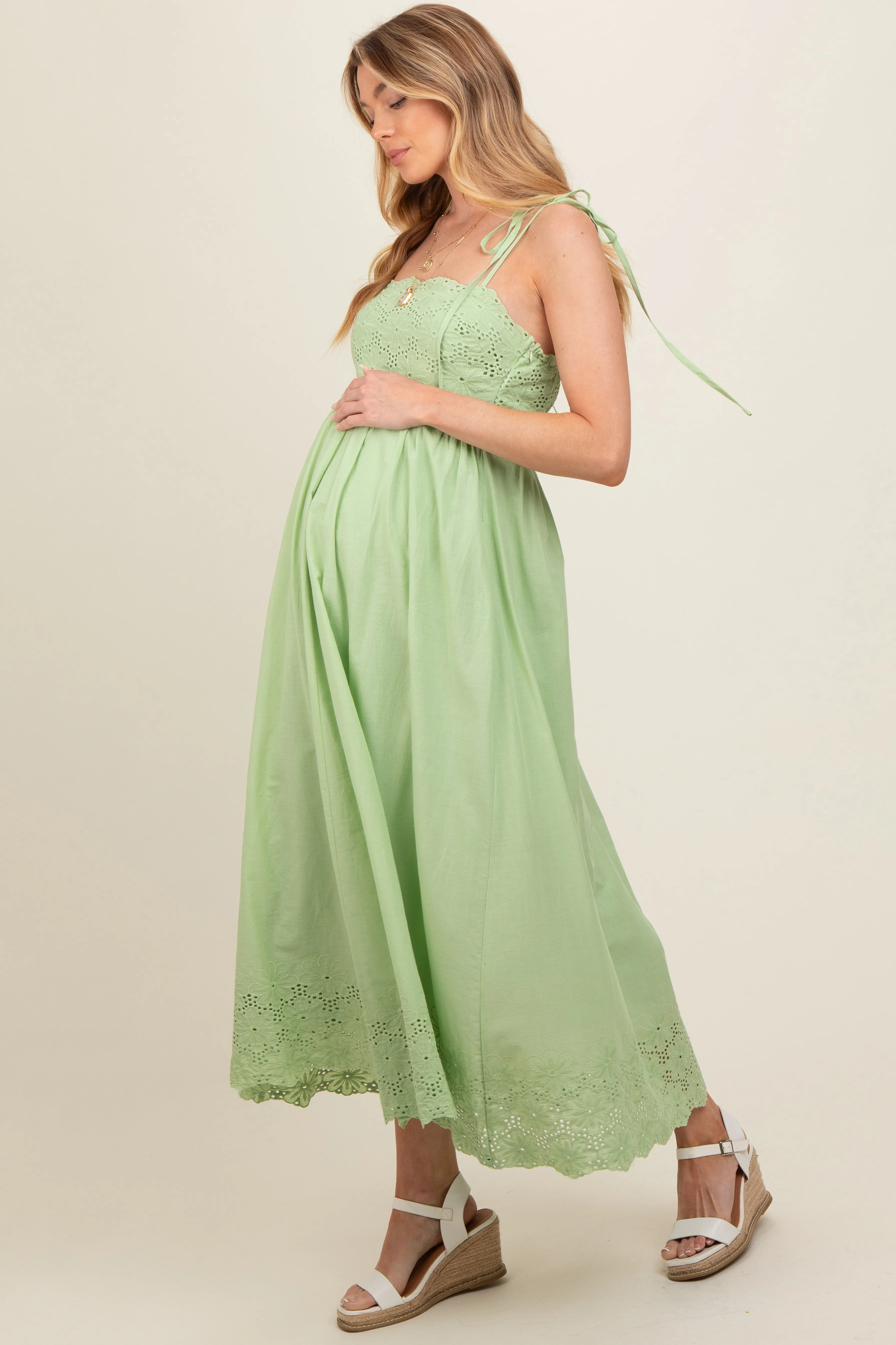 Mint Green Eyelet Floral Shoulder Tie Maternity Dress sold by Pinkblush product image thumbnail 3