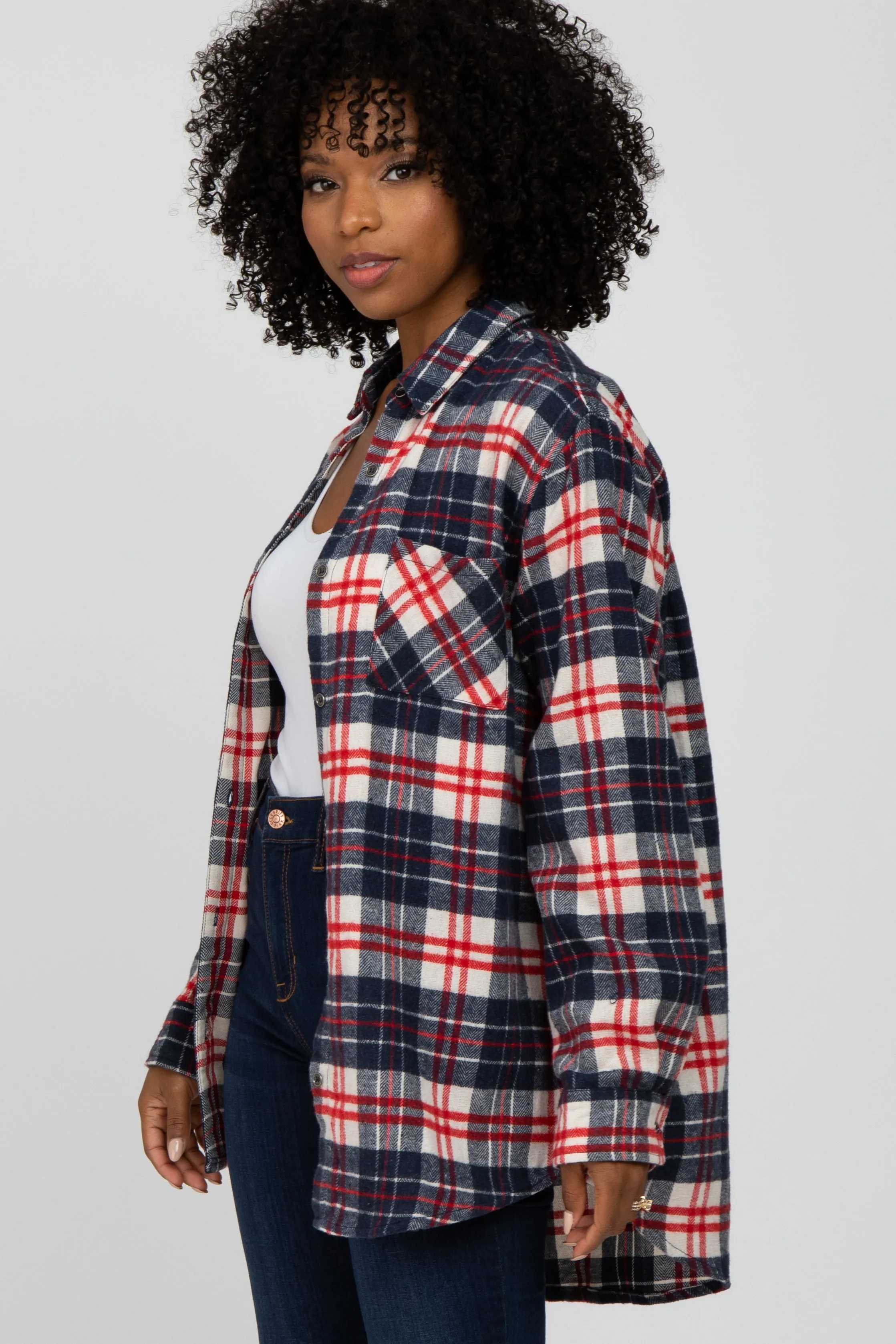Navy Plaid Button Up Flannel Top sold by Pinkblush product image thumbnail 2