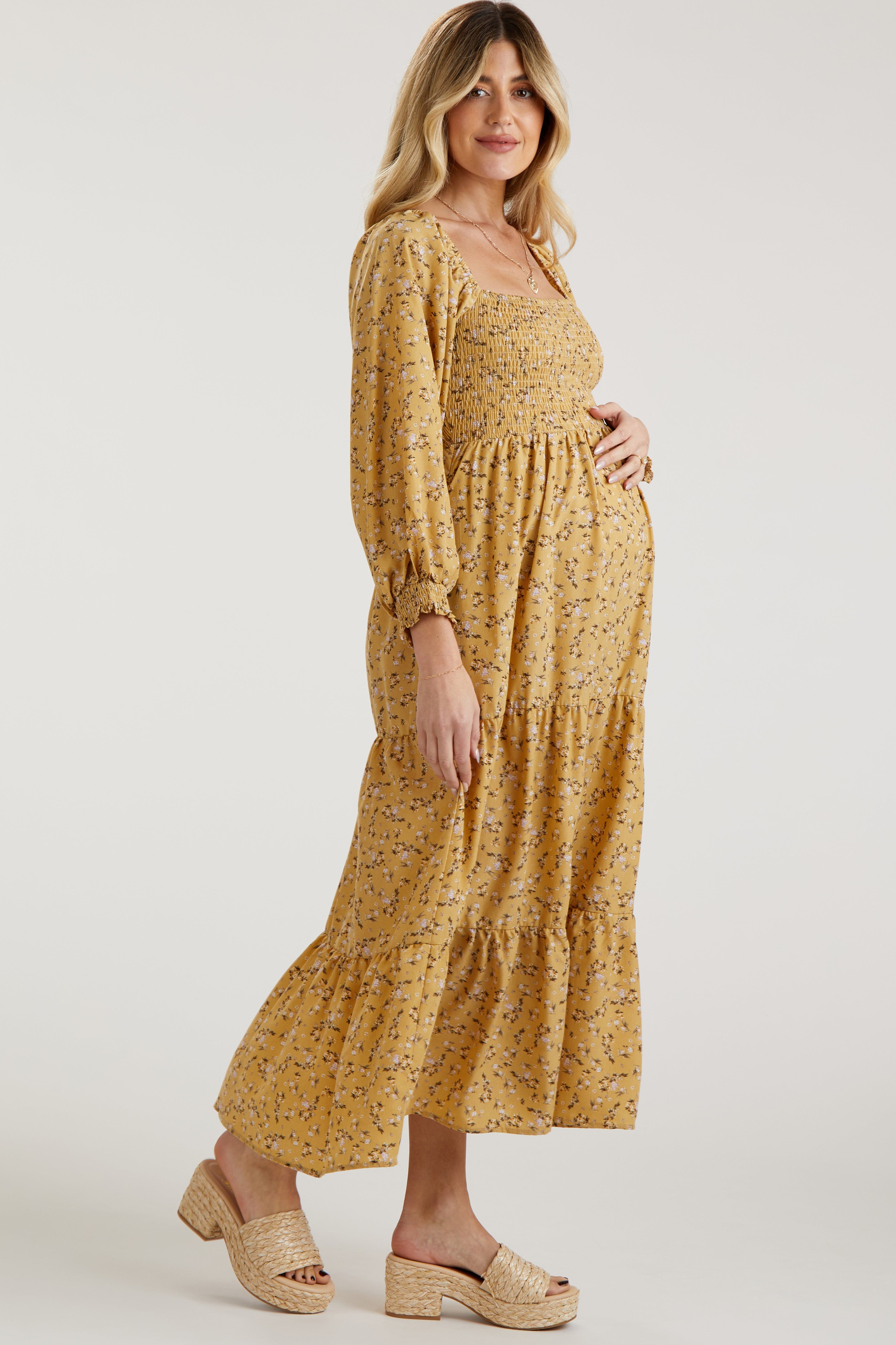 Yellow Floral Smocked Long Sleeve Maternity Maxi Dress sold by Pinkblush product image thumbnail 2
