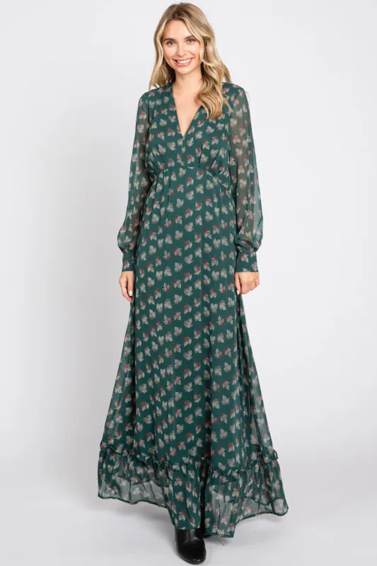 Forest Green Leaf Print Balloon Sleeve Maxi Dress sold by Pinkblush