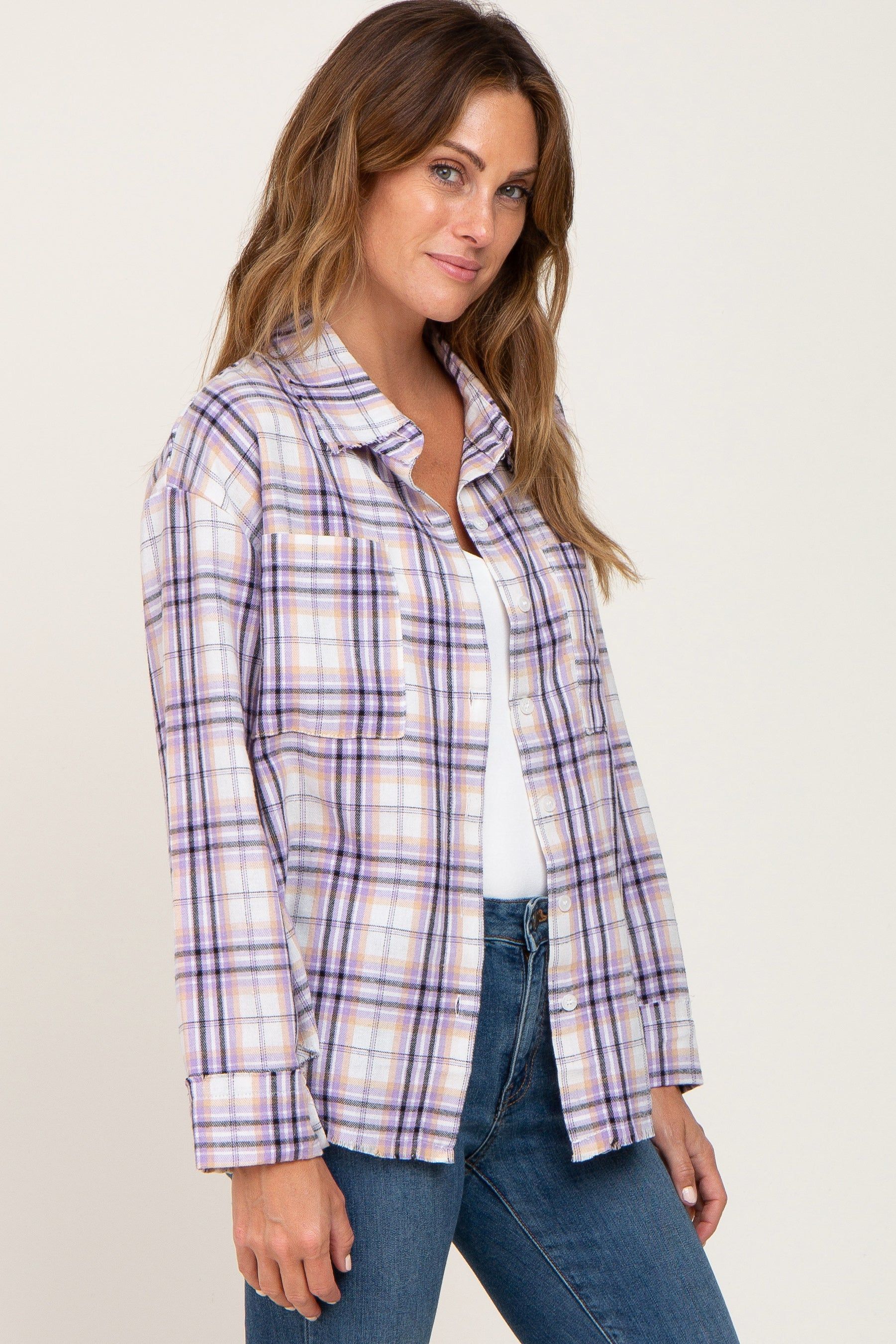 Lavender Plaid Frayed Button Up sold by Pinkblush product image thumbnail 2