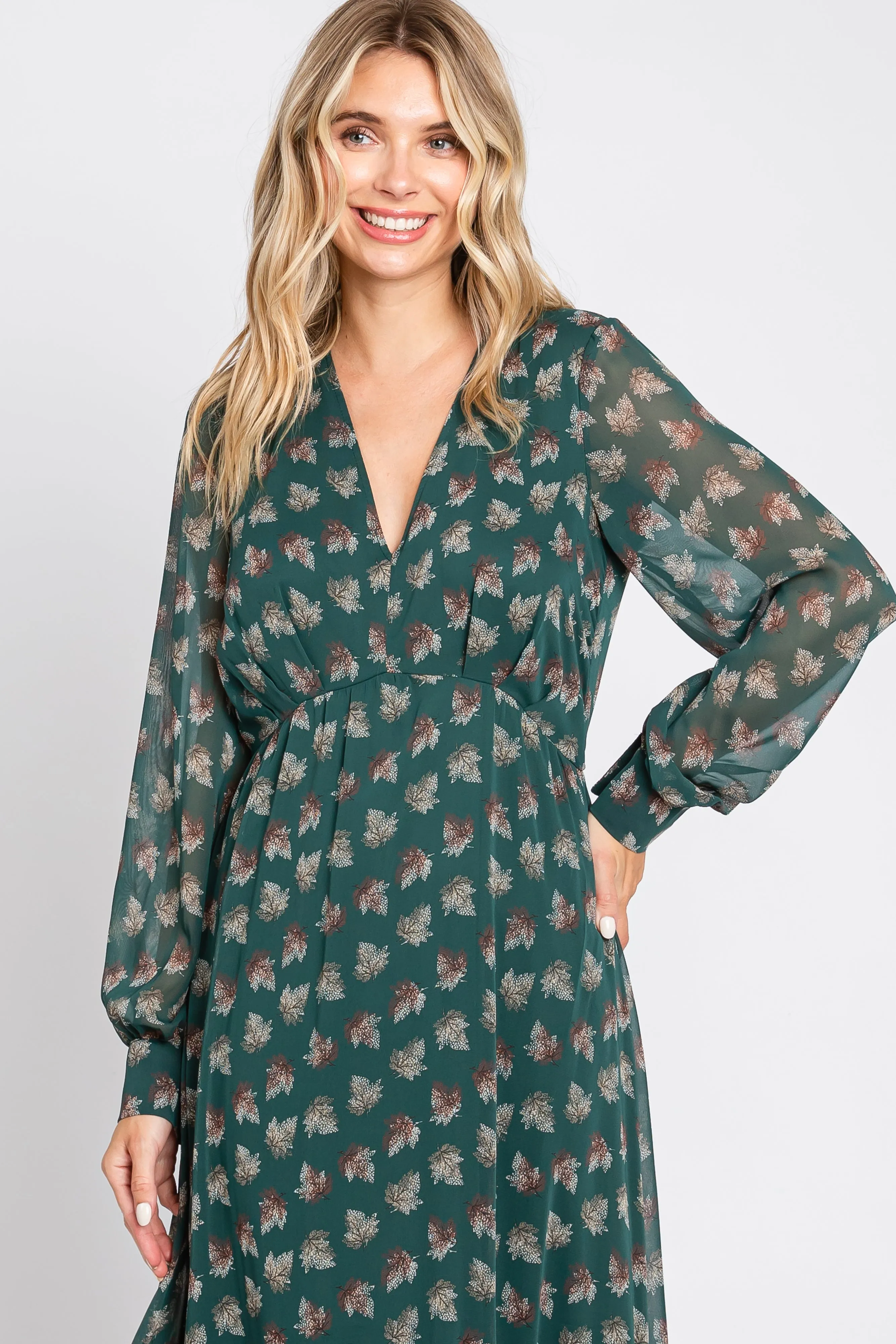 Forest Green Leaf Print Balloon Sleeve Maxi Dress sold by Pinkblush product image thumbnail 4