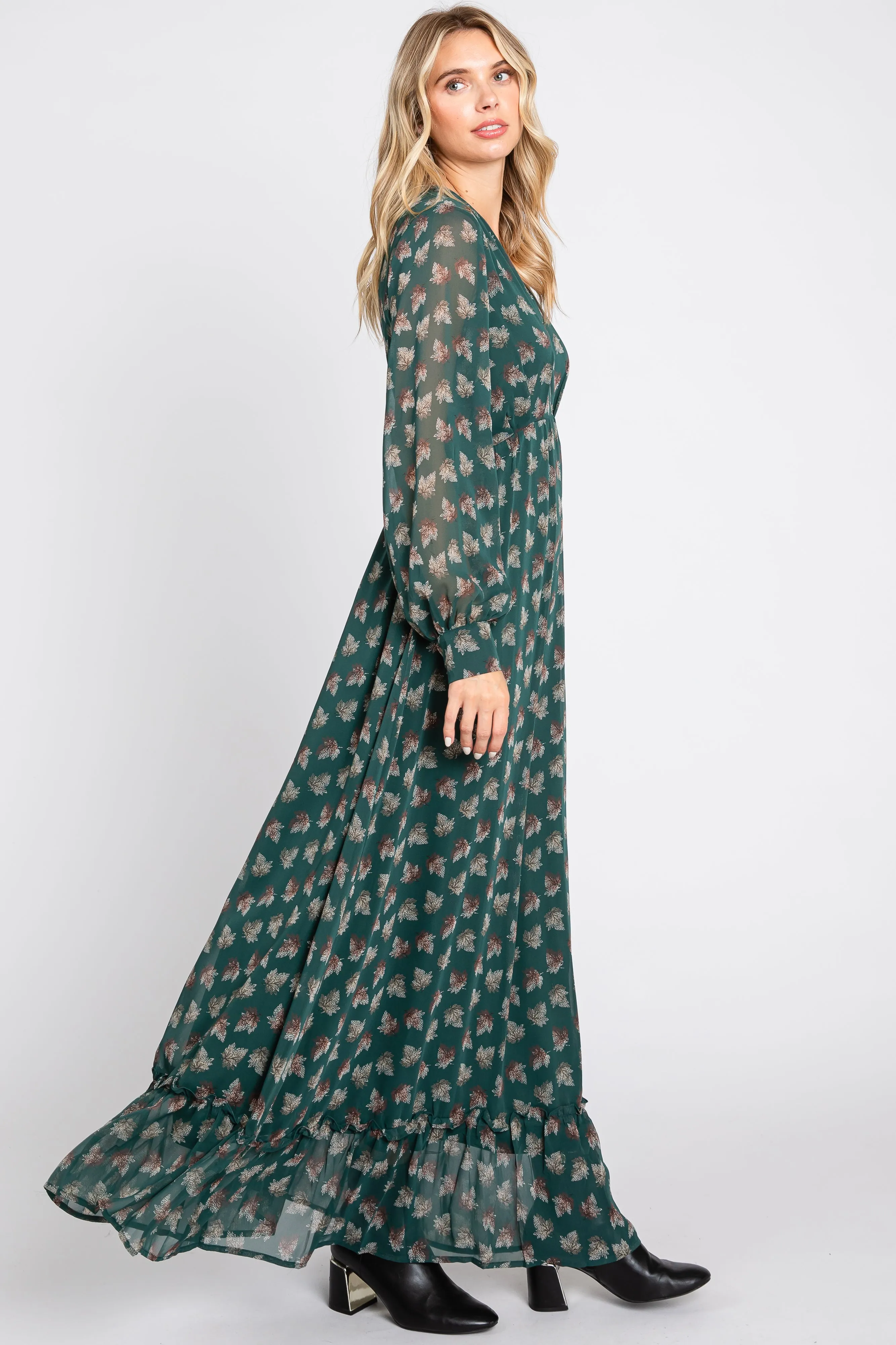 Forest Green Leaf Print Balloon Sleeve Maxi Dress sold by Pinkblush product image thumbnail 2