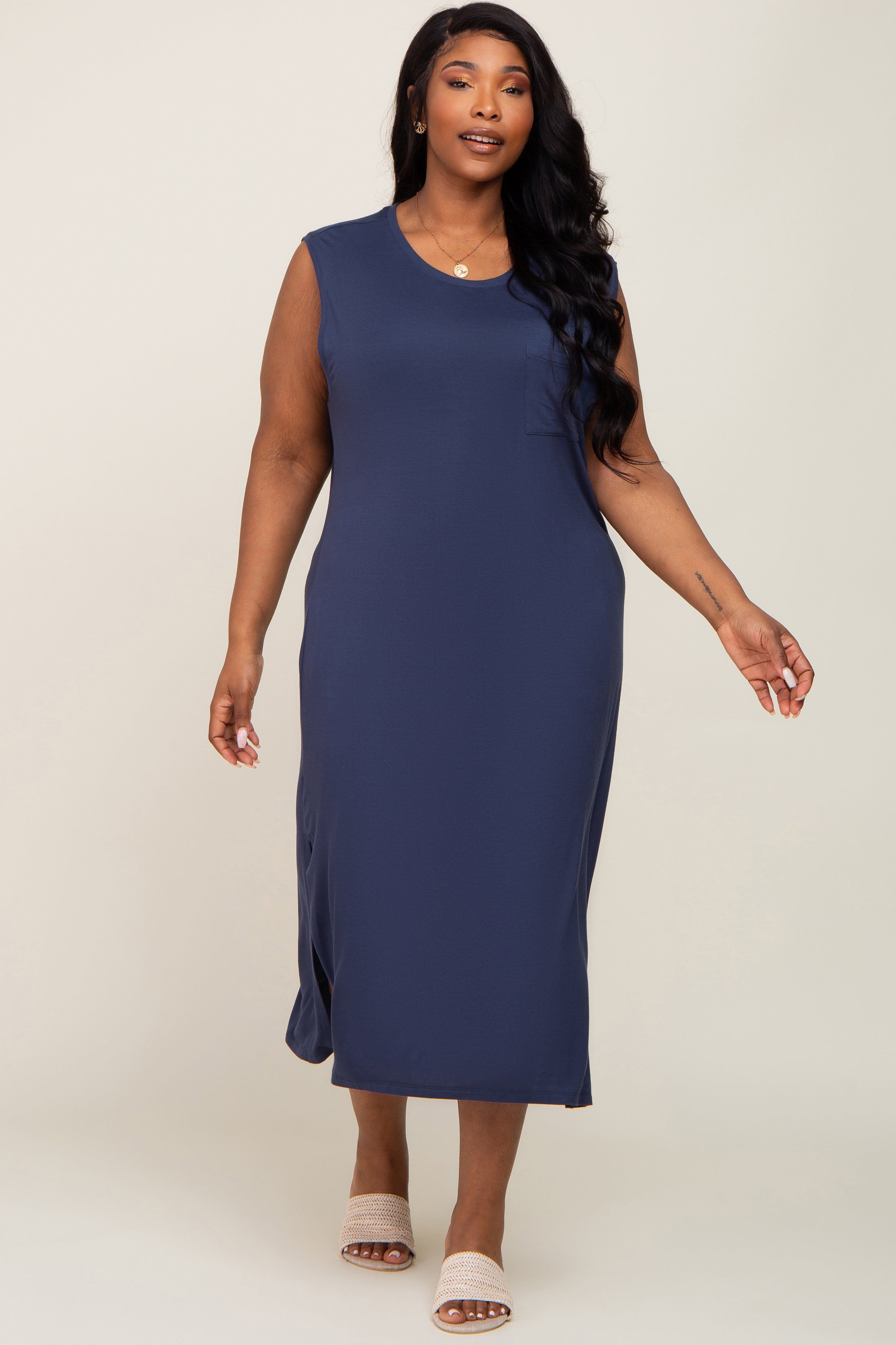 Navy Sleeveless Front Pocket Maternity Plus Midi Dress sold by Pinkblush product image thumbnail 5