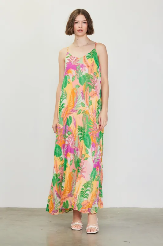 Green Multicolor Leaf Print Pleated Maxi Dress sold by Pinkblush
