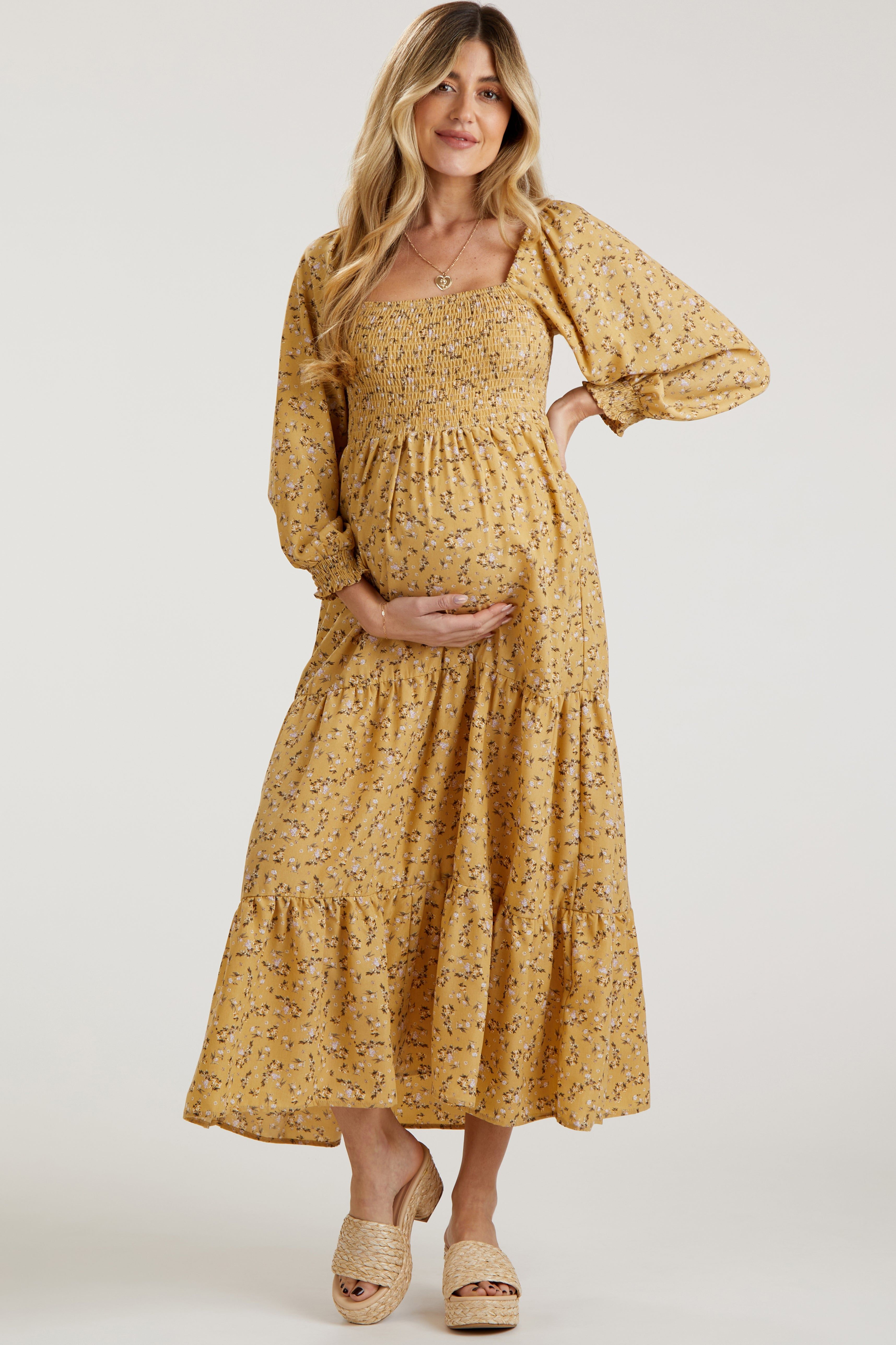 Yellow Floral Smocked Long Sleeve Maternity Maxi Dress sold by Pinkblush