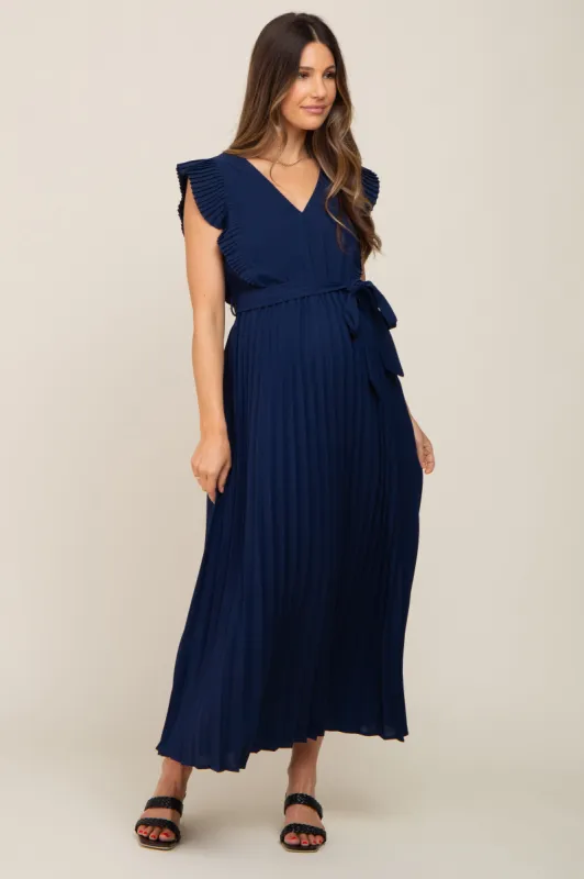 Navy Pleated Waist Tie Maternity Maxi Dress sold by Pinkblush