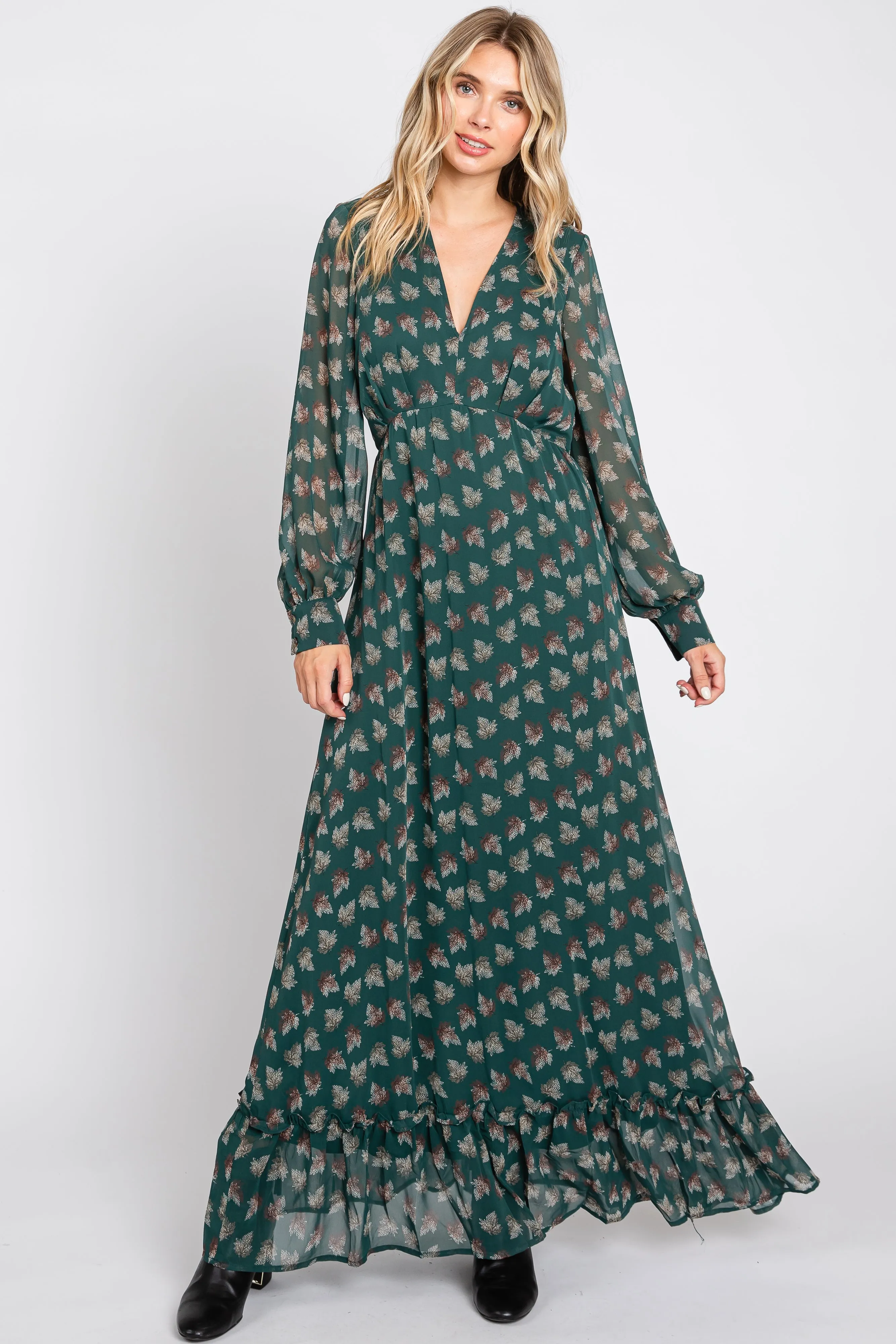 Forest Green Leaf Print Balloon Sleeve Maxi Dress sold by Pinkblush product image thumbnail 5