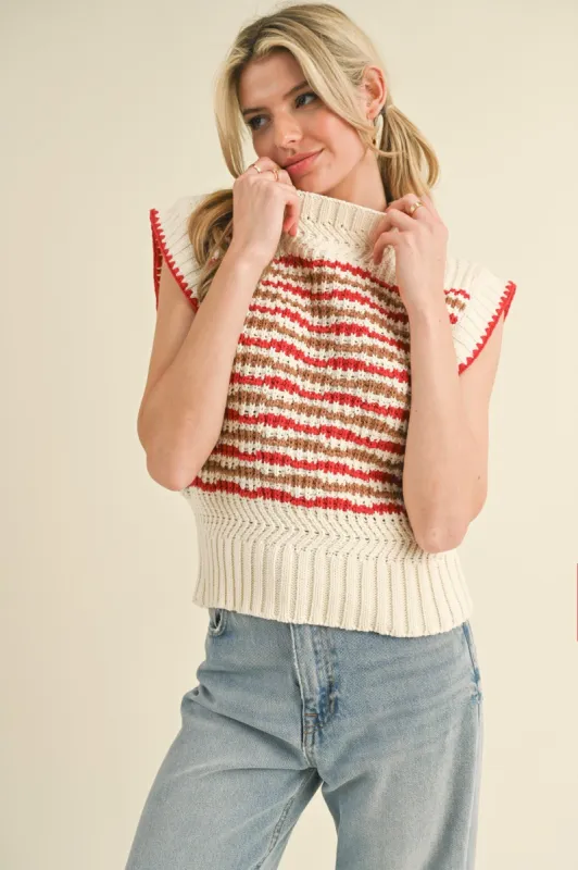 Ivory Red Multi Contrast Stitch Mock Neck Sweater Vest sold by Pinkblush