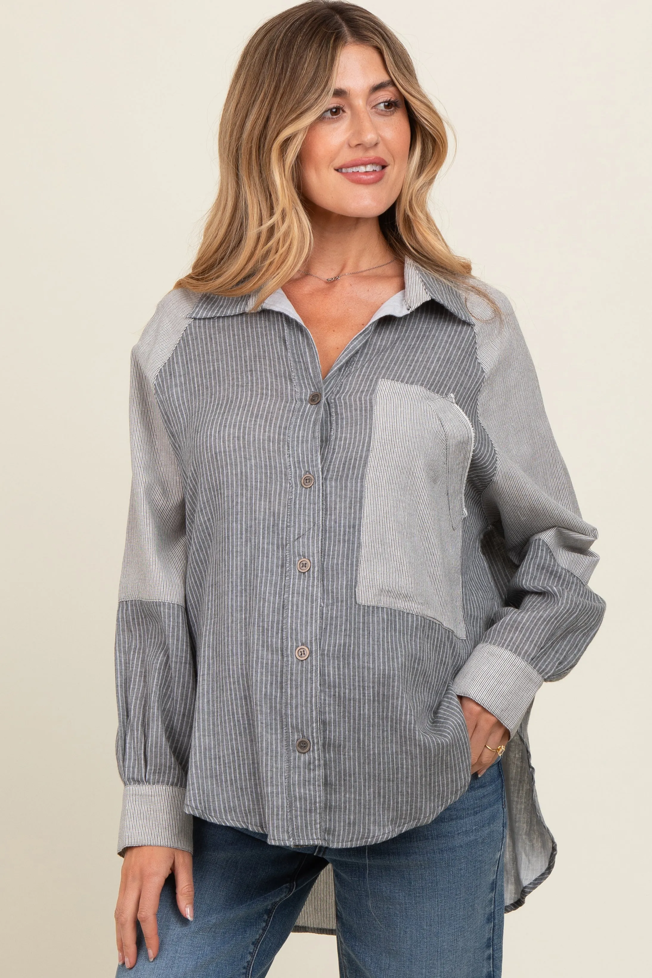 Black Striped Colorblock Button Up Maternity Top sold by Pinkblush