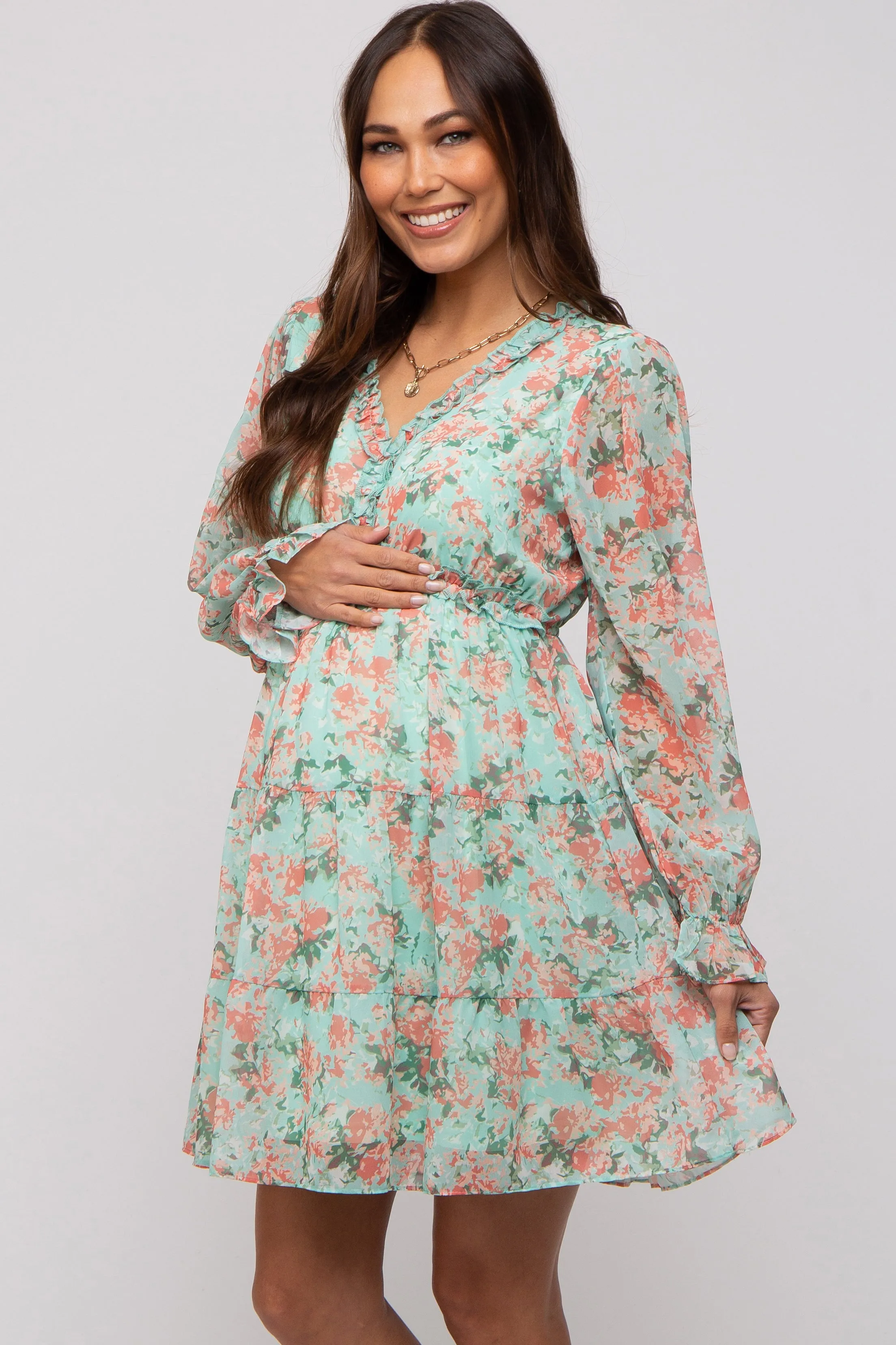 Aqua Floral Ruffle Accent Maternity Dress sold by Pinkblush product image thumbnail 3