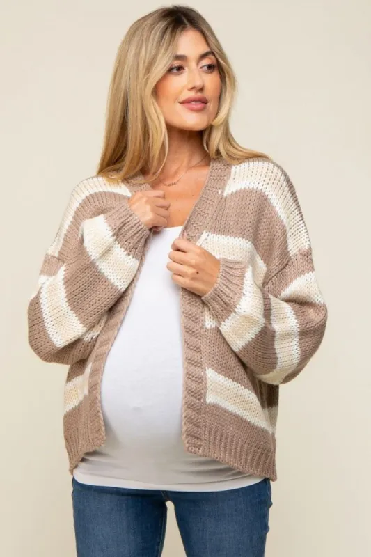 Taupe Striped Open Knit Maternity Cardigan sold by Pinkblush