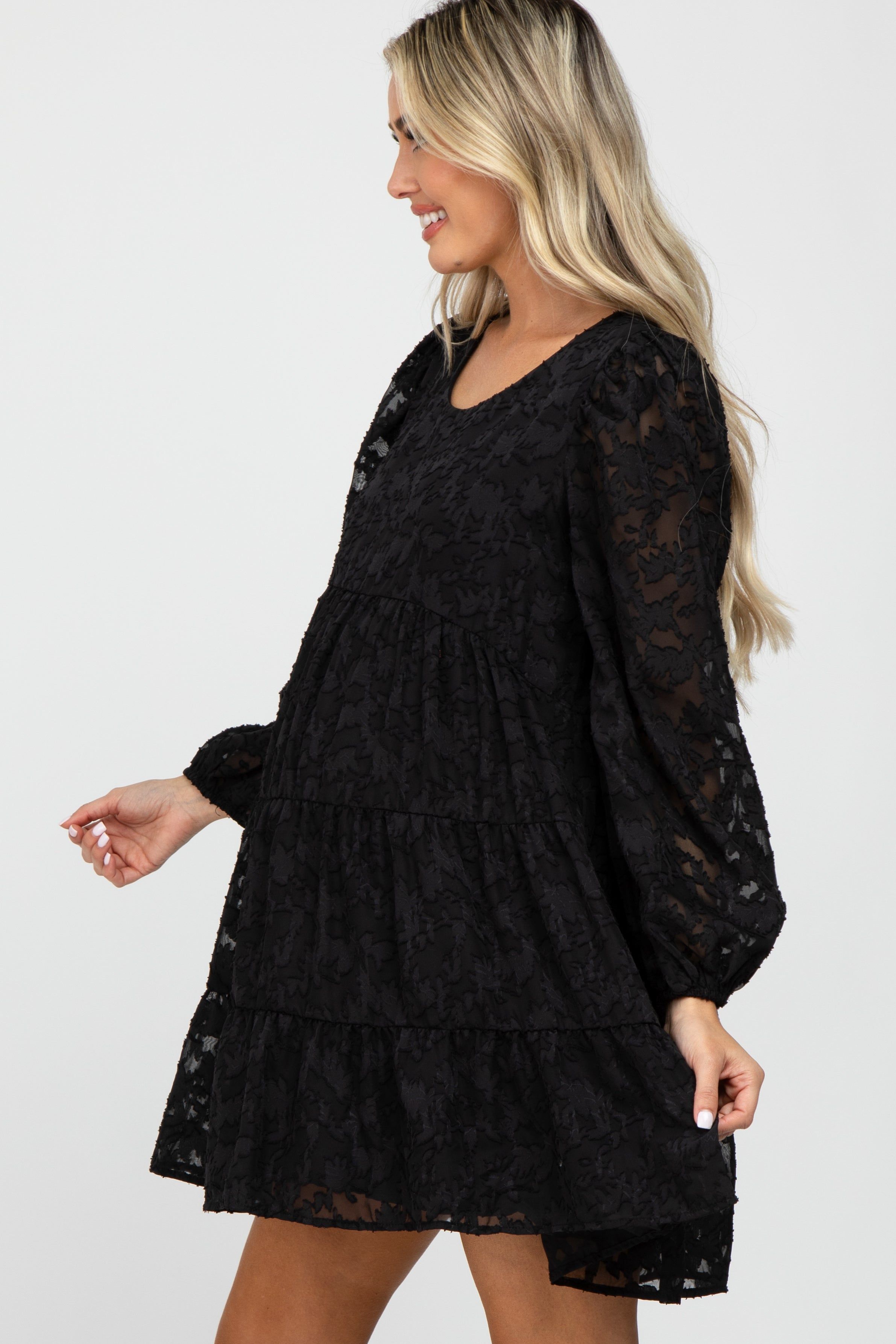 Black Floral Textured Tiered Maternity Dress sold by Pinkblush product image thumbnail 3