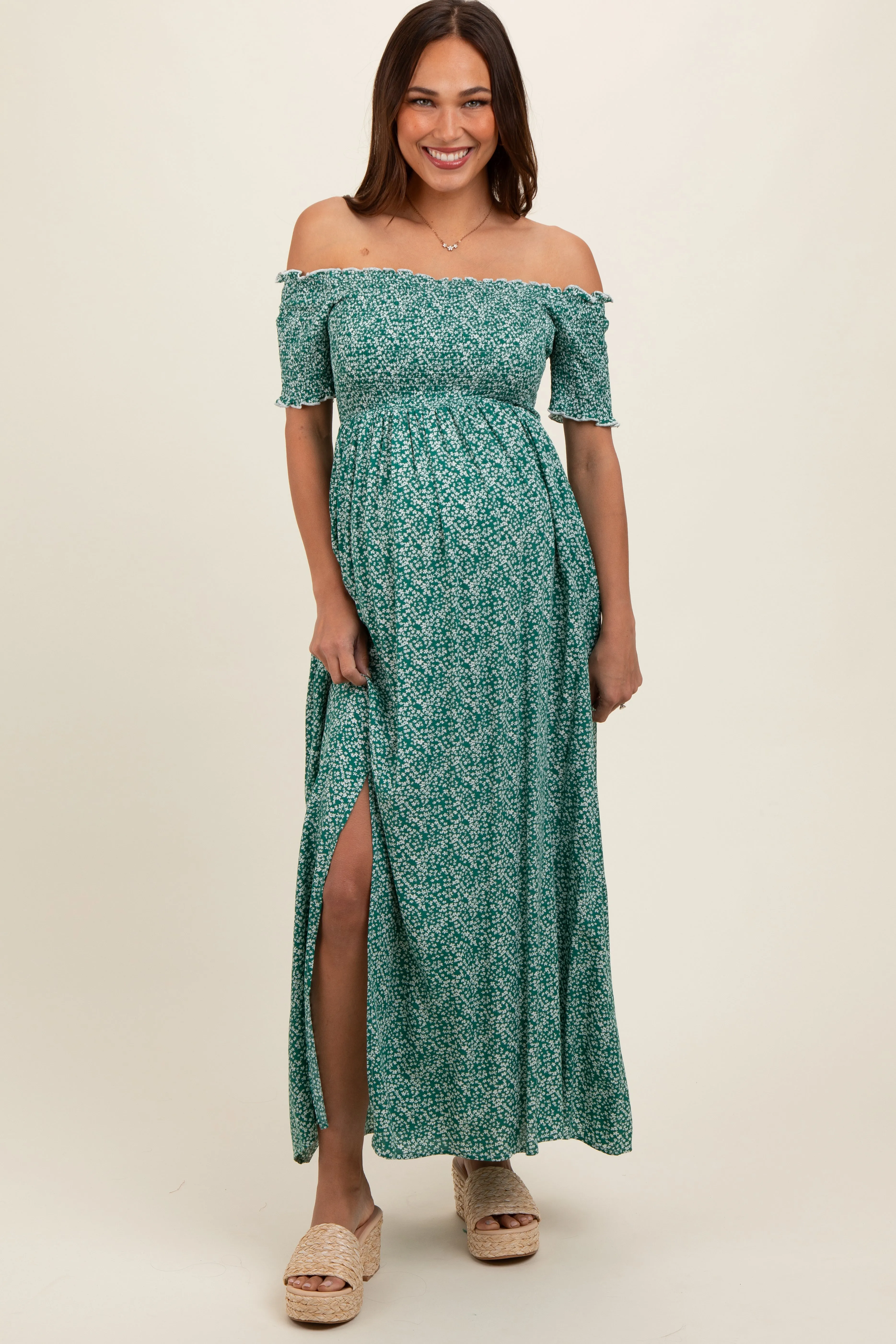 Green Floral Smocked Fitted Sleeve Side Slit Maternity Maxi Dress sold by Pinkblush product image thumbnail 3
