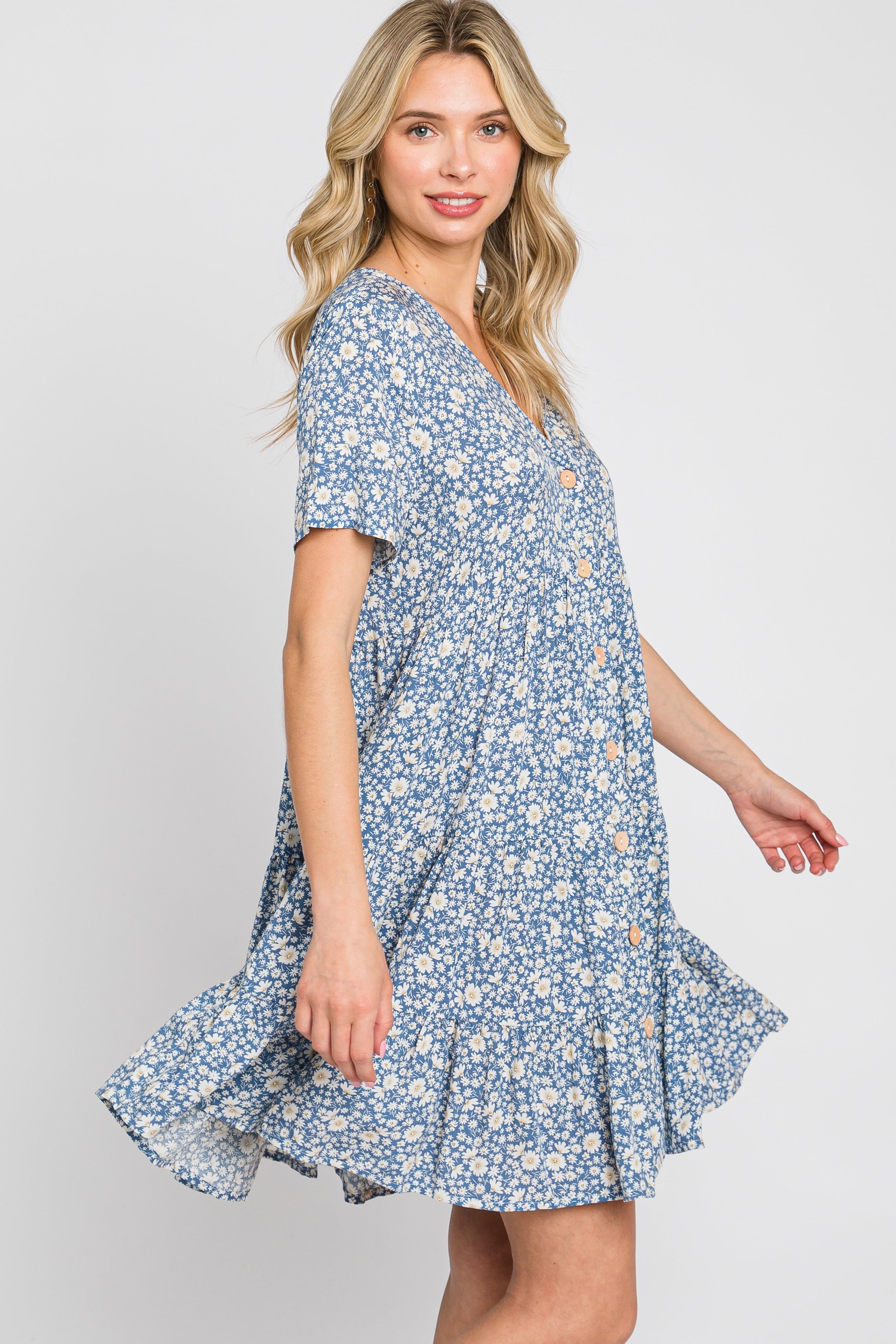 Blue Floral Button Front Tiered Short Sleeve Dress sold by Pinkblush product image thumbnail 4